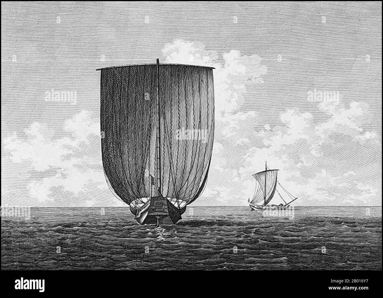 Japan: Japanische Boote unter Segel. Stich aus dem 'Atlas du Voyage de La Pérouse' von Francois Michel Blondla (1761-1788), 1792. Jean-François de Galaup, Comte de La Pérouse (1741-1788) war ein französischer Entdecker und Marineoffizier. Im Jahr 1785 beauftragte der König von Frankreich La Perouse mit der Leitung einer Expedition zur Erkundung des Pazifischen Ozeans, zur Untersuchung von Walfang- und Pelzperspektiven und zur Feststellung französischer Ansprüche in diesem Gebiet. La Pérouse hatte den Entdecker James Cook bewundert und wollte seine Arbeit fortsetzen. La Perouse erhielt zwei 500-Tonnen-Schiffe, die Astrolabe und die Boussole genannt wurden. Stockfoto