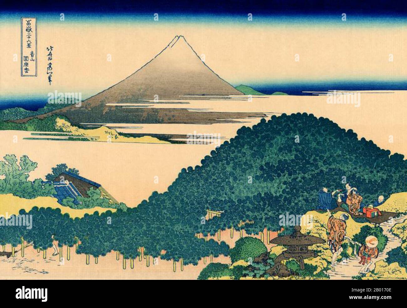 Japan: ‘The Circular Pine Trees of Aoyama’. Ukiyo-e Holzschnitt aus der Serie '36 Ansichten des Fuji' von Katsushika Hokusai (31. Oktober 1760 - 10. Mai 1849), c. 1830. Der Fuji ist mit 3.776,24 m (12.389 ft) der höchste Berg Japans. Der Fuji, ein aktiver Stratovulkan, der zuletzt 1707–08 ausbrach, liegt etwa 100 km südwestlich von Tokio. Der außergewöhnlich symmetrische Kegel des Fuji ist ein bekanntes Symbol und Symbol Japans und wird häufig in Kunst und Fotografien dargestellt. Es ist eines der ‘drei Heiligen Berge’ Japans, zusammen mit dem Berg Tate und dem Berg Haku. Stockfoto