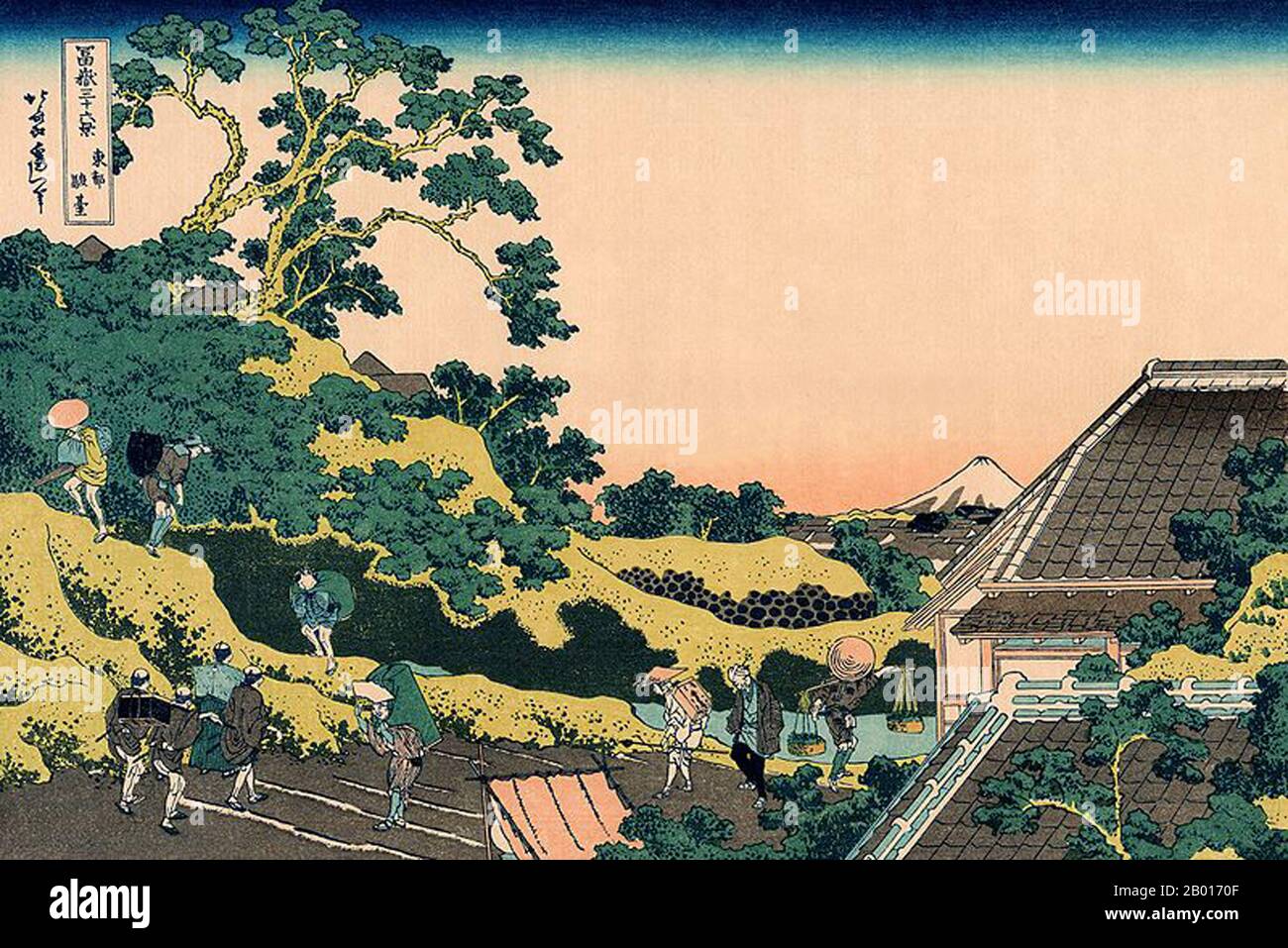 Japan: ‘Sundai, Edo’, auch bekannt als ‘Fuji vom Mishima Pass aus gesehen’. Ukiyo-e Holzschnitt aus der Serie '36 Ansichten des Fuji' von Katsushika Hokusai (31. Oktober 1760 - 10. Mai 1849), c. 1830. Der Fuji ist mit 3.776,24 m (12.389 ft) der höchste Berg Japans. Der Fuji, ein aktiver Stratovulkan, der zuletzt 1707–08 ausbrach, liegt etwa 100 km südwestlich von Tokio. Der außergewöhnlich symmetrische Kegel des Fuji ist ein bekanntes Symbol und Symbol Japans und wird häufig in Kunst und Fotografien dargestellt. Es ist eines der ‘drei Heiligen Berge’ Japans, zusammen mit dem Berg Tate und dem Berg Haku. Stockfoto