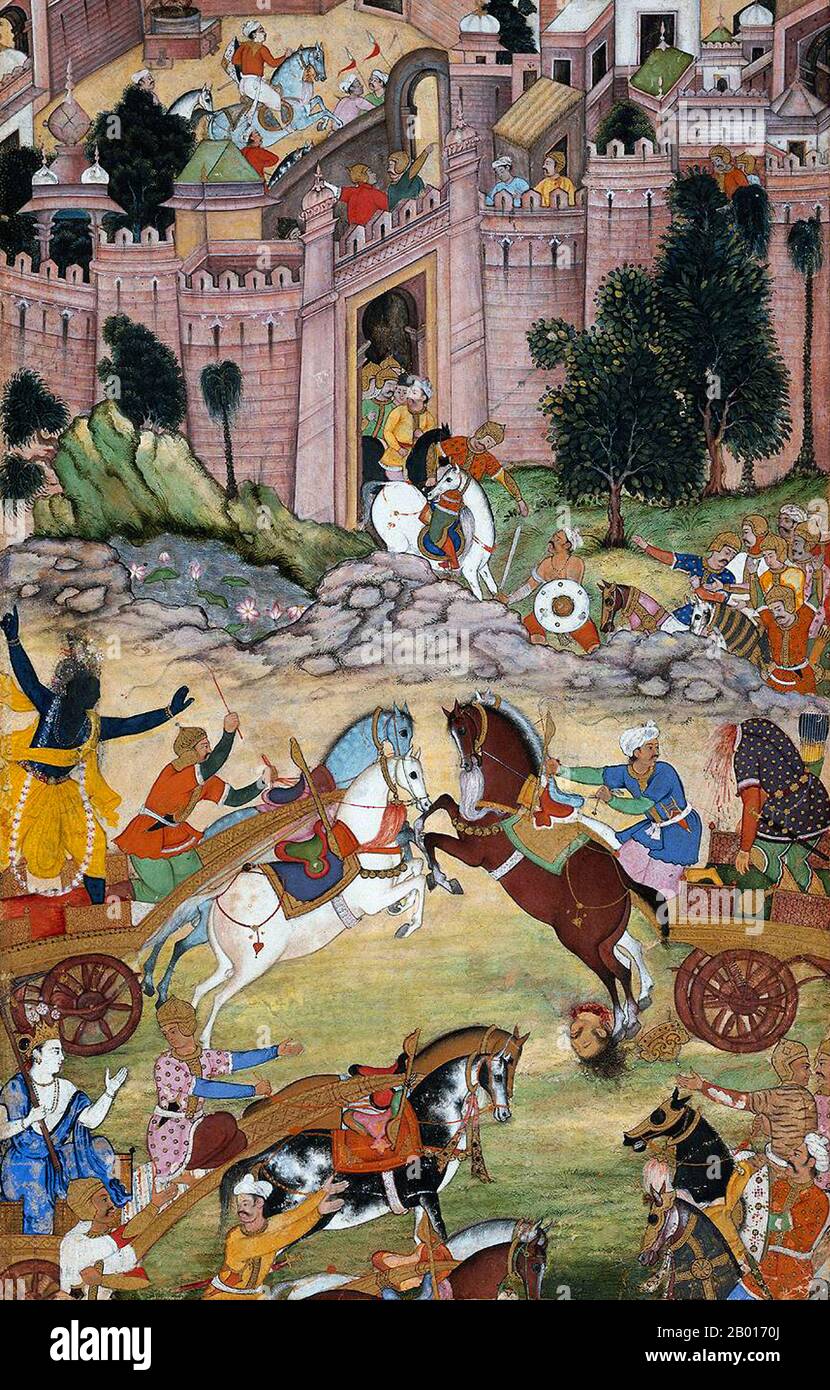 Indien: „Krishna Tötet Shrigala“. Gouache auf Papiermalerei, c. 1585-1595. Krishna oder Krisna ist ein großer gott im Hinduismus, dem traditionell die Urheberschaft des hinduistischen Klassikers 'Bhagavad Gita' zugeschrieben wird, einer Geschichte von Pflicht und Moral, die um Krishnas Niederlage seines Cousins Arjuna im Kurukshetra-Krieg herum spielt. Krishna tritt auch in verschiedenen Ereignissen im Hindu-Epos „Mahabharata“ auf. Er wird normalerweise als blauhäutiger Junge dargestellt und oft als ein schelmisch junger Junge dargestellt, der eine Flöte spielt. In dieser Szene enthauptet Krishna König Shrigala in einem Wagenkampf. Stockfoto