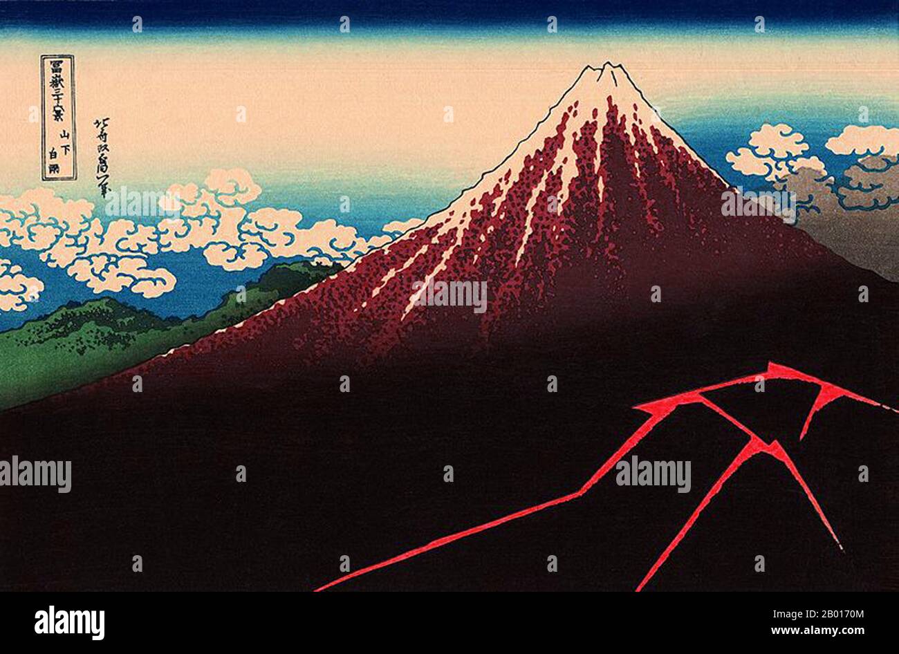 Japan: ‘Gewitter/Regensturm unter dem Gipfel’. Ukiyo-e Holzschnitt aus der Serie '36 Ansichten des Fuji' von Katsushika Hokusai (31. Oktober 1760 - 10. Mai 1849), c. 1830. Der Fuji ist mit 3.776,24 m (12.389 ft) der höchste Berg Japans. Der Fuji, ein aktiver Stratovulkan, der zuletzt 1707–08 ausbrach, liegt etwa 100 km südwestlich von Tokio. Der außergewöhnlich symmetrische Kegel des Fuji ist ein bekanntes Symbol und Symbol Japans und wird häufig in Kunst und Fotografien dargestellt. Es ist eines der ‘drei Heiligen Berge’ Japans, zusammen mit dem Berg Tate und dem Berg Haku. Stockfoto
