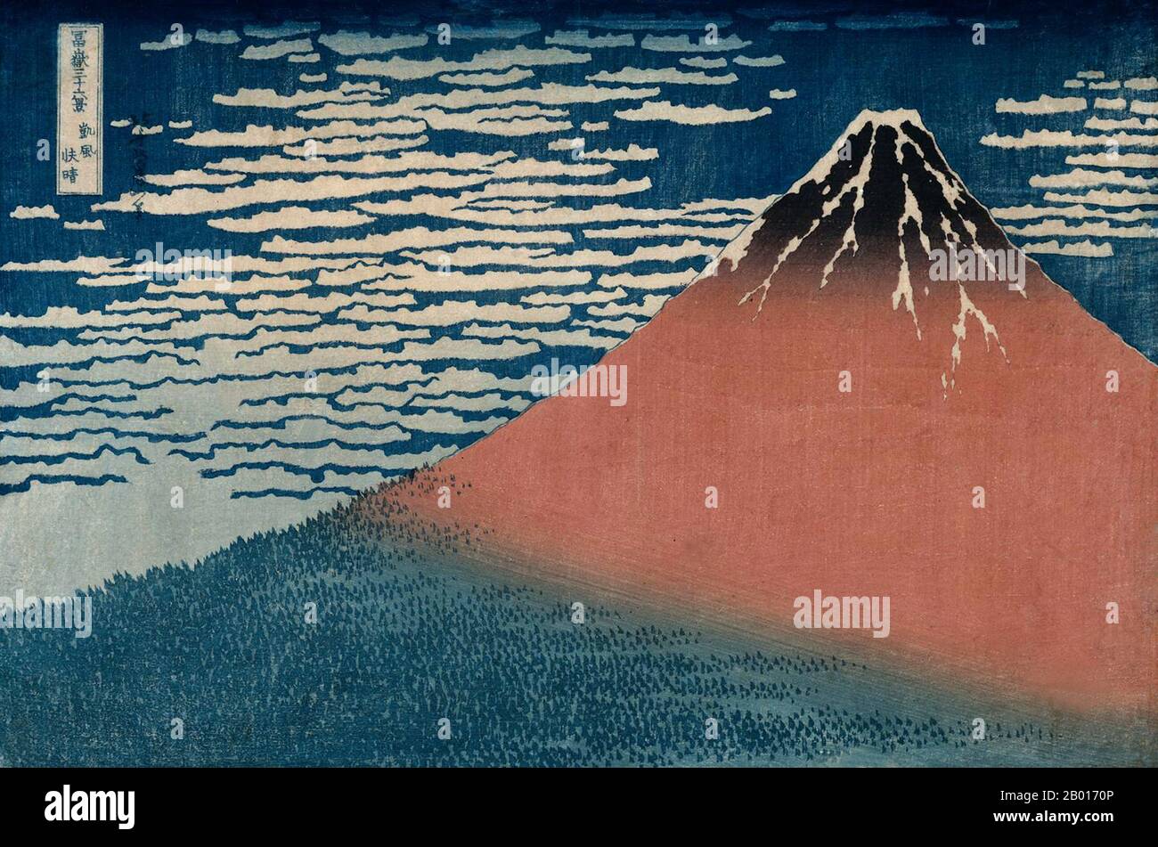 Japan: ‘Südwind, Klare Morgenröte’. Ukiyo-e Holzschnitt aus der Serie '36 Ansichten des Fuji' von Katsushika Hokusai (31. Oktober 1760 - 10. Mai 1849), c. 1830. Der Fuji ist mit 3.776,24 m (12.389 ft) der höchste Berg Japans. Der Fuji, ein aktiver Stratovulkan, der zuletzt 1707–08 ausbrach, liegt etwa 100 km südwestlich von Tokio. Der außergewöhnlich symmetrische Kegel des Fuji ist ein bekanntes Symbol und Symbol Japans und wird häufig in Kunst und Fotografien dargestellt. Es ist eines der ‘drei Heiligen Berge’ Japans, zusammen mit dem Berg Tate und dem Berg Haku. Stockfoto
