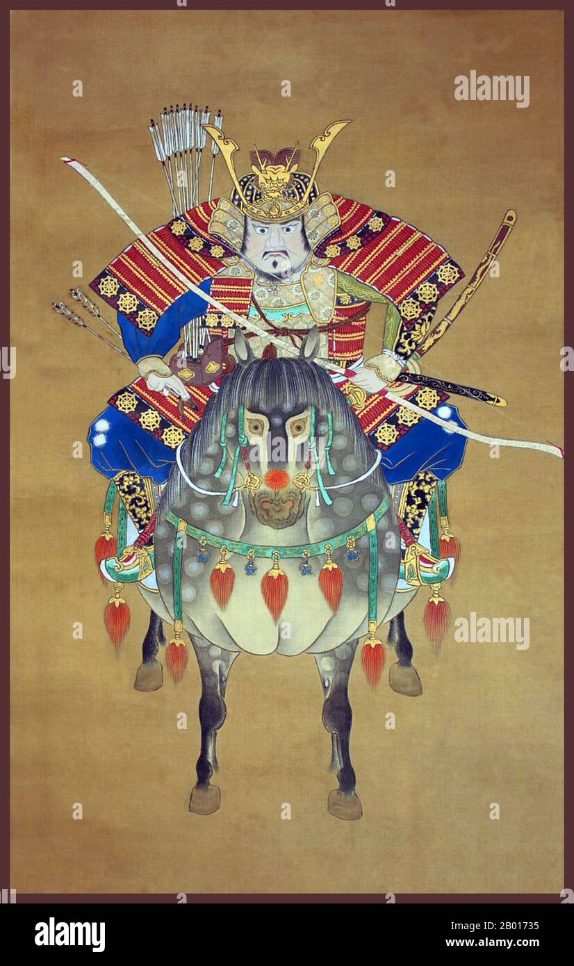 Japan: Porträt eines Samurai-Kriegers im Yamato-e-Stil, undatiert. Yamato-e ist ein Stil japanischer Malerei, inspiriert von Gemälden der Tang-Dynastie und entwickelt in der späten Heian-Zeit. Es gilt als der klassische japanische Stil. Aus der Muromachi-Zeit (15th. Jahrhundert) wurde der Begriff Yamato-e verwendet, um Arbeiten von zeitgenössischen chinesischen Malereien (kara-e) zu unterscheiden, die von den Gemälden des Zen-Buddhismus der Song- und Yuan-Dynastie inspiriert wurden. Die Yamato-e erzählen oft erzählerische Themen mit Text zusammen, zeigen die Schönheit der Natur, z. B. berühmte Orte (meisho-e), und die vier Jahreszeiten (shiki-e) Stockfoto