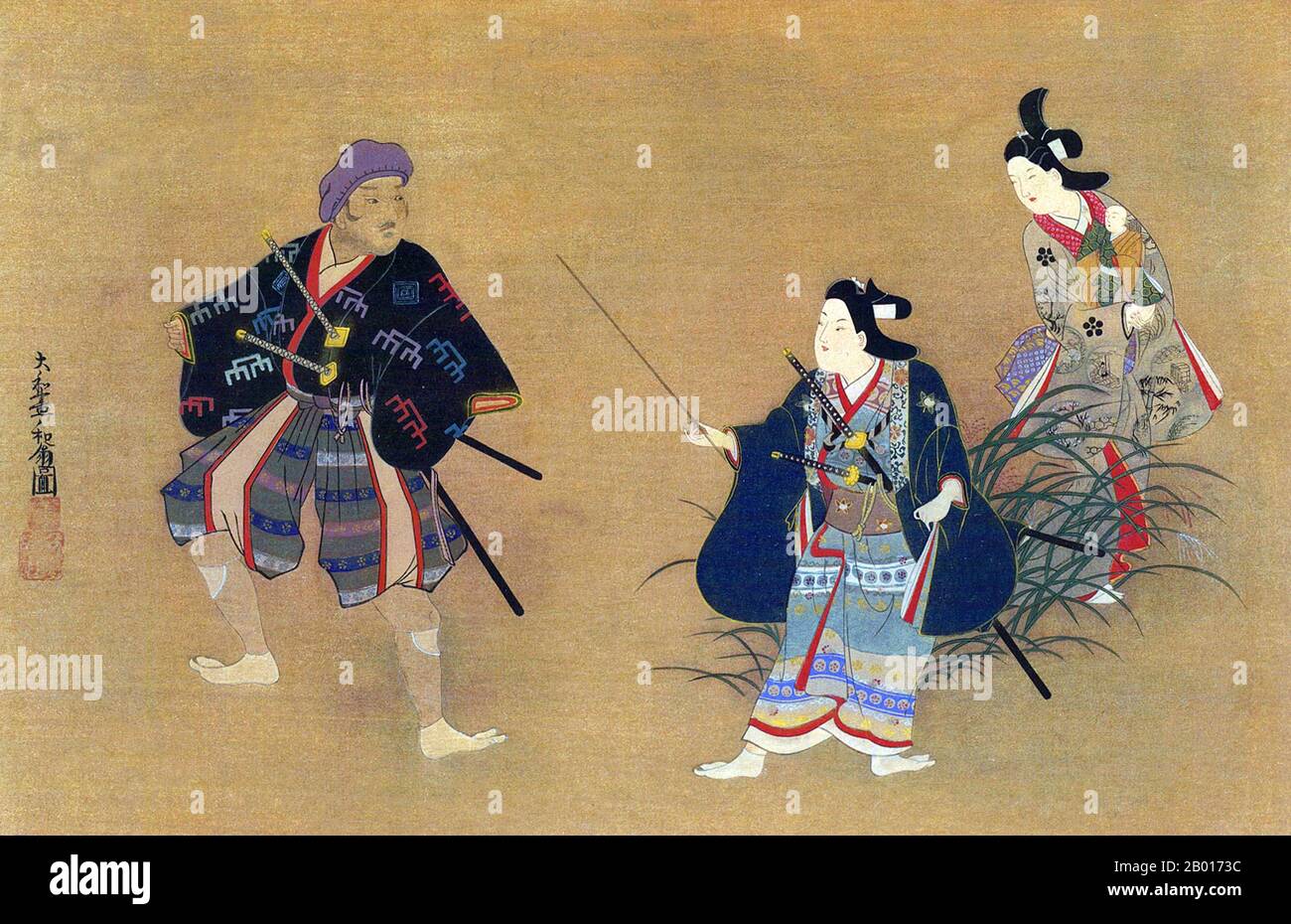 Japan: „Theaterszene“. Handscroll Gemälde von Hishikawa Morofusa (aktive c. 1685-1715), c. 1700. Yamato-e ist ein Stil der japanischen Malerei, inspiriert von Gemälden der Tang-Dynastie und entwickelt in der späten Heian-Zeit. Es gilt als der klassische japanische Stil. Aus der Muromachi-Zeit (15th. Jahrhundert) wurde der Begriff Yamato-e verwendet, um Arbeiten von zeitgenössischen chinesischen Malereien (kara-e) zu unterscheiden, die von den Gemälden des Zen-Buddhismus der Song- und Yuan-Dynastie inspiriert wurden. Stockfoto