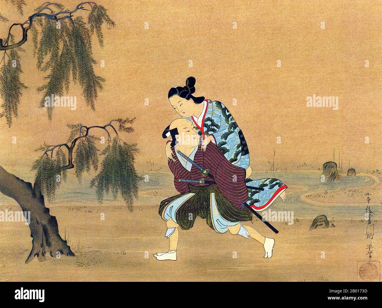 Japan: „eine junge Frau trägt eine Dame“. Handscroll Gemälde von Hishikawa Morofusa (aktive c. 1685-1715), c. 1700. Yamato-e ist ein Stil der japanischen Malerei, inspiriert von Gemälden der Tang-Dynastie und entwickelt in der späten Heian-Zeit. Es gilt als der klassische japanische Stil. Aus der Muromachi-Zeit (15th. Jahrhundert) wurde der Begriff Yamato-e verwendet, um Arbeiten von zeitgenössischen chinesischen Malereien (kara-e) zu unterscheiden, die von den Gemälden des Zen-Buddhismus der Song- und Yuan-Dynastie inspiriert wurden. Stockfoto