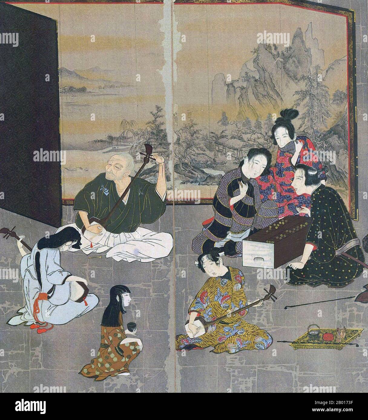 Japan: Ausschnitt aus dem Hikone-Bildschirm, ein Byobu-Faltbild, c. 1624-1644. Der Hikone-Bildschirm war ein Byobo-Faltbildschirm aus der Kan'ei-Ära (c. 1624-1644) der Edo-Periode. Auf Blattgold gemalt und in sechs Teile zusammenklappbar, zeigt der Bildschirm die Vergnügungsviertel von Kyoto, wo Menschen Musik und Spiele spielen. Es ist ein Vertreter der frühen modernen japanischen Genre Malerei, und von einigen als die frühesten Ukiyo-e Kunstwerk gesehen. 1955 wurde es zum Nationalen Schatz ernannt. Stockfoto Japan: Ausschnitt aus dem Hikone-Bildschirm, ein Byobu-Faltbild, c. 1624-1644. Der Hikone-Bildschirm war ein Byobo-Faltbildschirm aus der Kan'ei-Ära (c. 1624-1644) der Edo-Periode. Auf Blattgold gemalt und in sechs Teile zusammenklappbar, zeigt der Bildschirm die Vergnügungsviertel von Kyoto, wo Menschen Musik und Spiele spielen. Es ist ein Vertreter der frühen modernen japanischen Genre Malerei, und von einigen als die frühesten Ukiyo-e Kunstwerk gesehen. 1955 wurde es zum Nationalen Schatz ernannt. Stockfoto