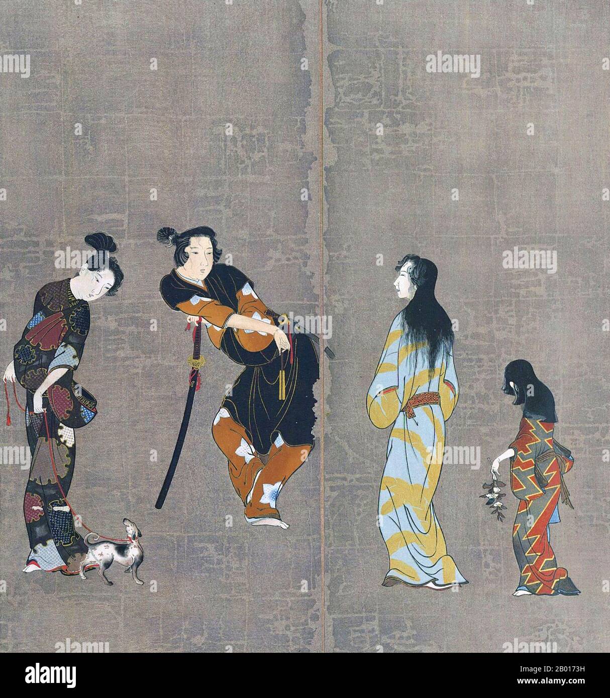 Japan: Ausschnitt aus dem Hikone-Bildschirm, ein Byobu-Faltbild, c. 1624-1644. Der Hikone-Bildschirm war ein Byobo-Faltbildschirm aus der Kan'ei-Ära (c. 1624-1644) der Edo-Periode. Auf Blattgold gemalt und in sechs Teile zusammenklappbar, zeigt der Bildschirm die Vergnügungsviertel von Kyoto, wo Menschen Musik und Spiele spielen. Es ist ein Vertreter der frühen modernen japanischen Genre Malerei, und von einigen als die frühesten Ukiyo-e Kunstwerk gesehen. 1955 wurde es zum Nationalen Schatz ernannt. Stockfoto