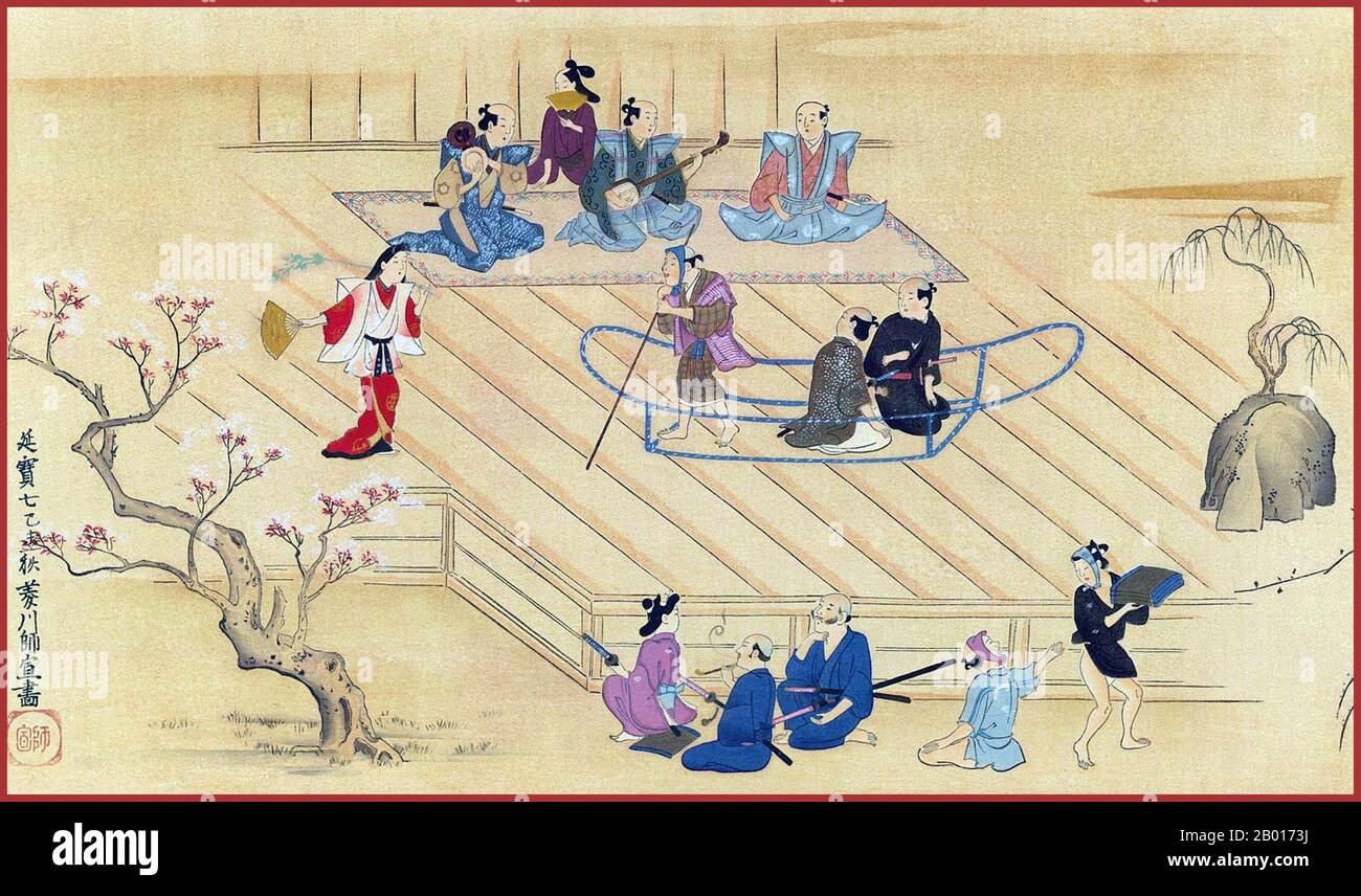 Japan: „die Sumida-gawa, eine Theateraufführung“. Handscroll-Gemälde von Hishikawa Moronobu (1618. - 25. Juli 1694), Ende 17th. Jahrhundert. Yamato-e ist ein Stil japanischer Malerei, inspiriert von Gemälden der Tang-Dynastie und entwickelt in der späten Heian-Zeit. Es gilt als der klassische japanische Stil. Aus der Muromachi-Zeit (15th. Jahrhundert) wurde der Begriff Yamato-e verwendet, um Arbeiten von zeitgenössischen chinesischen Malereien (kara-e) zu unterscheiden, die von den Gemälden des Zen-Buddhismus der Song- und Yuan-Dynastie inspiriert wurden. Stockfoto