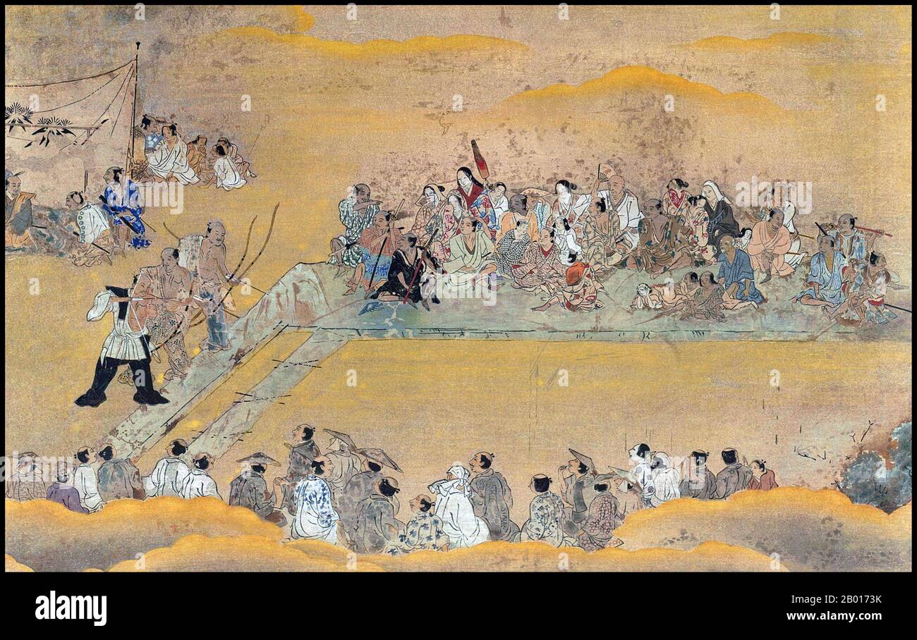 Japan: „Ein Bogenschießwettbewerb“. Handscroll Malerei, Kano Schule, 17th Jahrhundert. Yamato-e ist ein Stil japanischer Malerei, inspiriert von Gemälden der Tang-Dynastie und entwickelt in der späten Heian-Zeit. Es gilt als der klassische japanische Stil. Aus der Muromachi-Zeit (15th. Jahrhundert) wurde der Begriff Yamato-e verwendet, um Arbeiten von zeitgenössischen chinesischen Malereien (kara-e) zu unterscheiden, die von den Gemälden des Zen-Buddhismus der Song- und Yuan-Dynastie inspiriert wurden. Die Yamato-e erzählen oft narrative Themen mit Text, zeigen die Schönheit der Natur, z.B. berühmte Orte (meisho-e). Stockfoto