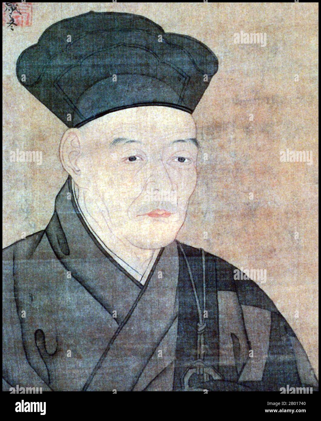 Japan: Sesshu Toyo (1460. - 26. August 1506), Maler aus der Muromachi-Zeit. Kopie eines Selbstporträts von 1491, 16th Jahrhundert. Sesshu Toyo, auch bekannt als Oda Toyo, Bikeisai und Unkoku, war der prominenteste japanische Meister der Tusche- und Waschmalerei aus der mittleren Muromachi-Zeit. Geboren in der Oda-Samurai-Familie, wurde er zum Rinzai-Zen-buddhistischen Priester erzogen. Sein Talent für Kunst zeigte sich jedoch schon in jungen Jahren, und er wurde schließlich zu einem der größten japanischen Künstler seiner Zeit, der in ganz Japan und China weithin verehrt wurde. Stockfoto