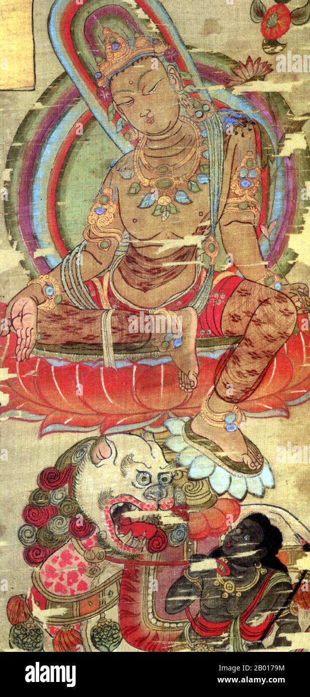 China: Der Bodhisattva Manjusri zeigt, wie er einen Löwen reitet. Hängende Schriftrolle, Mogao-Höhlen, Dunhuang, 8th-9th Jahrhundert. Manjusri ist ein Bodhisattva, der mit transzendenter Weisheit im Mahayana-Buddhismus assoziiert ist. Zusammen mit Shakyamuni Buddha und anderen Bodhisattva Samantabhdra bildet er die Shakyamuni trinity im Buddhismus. Stockfoto