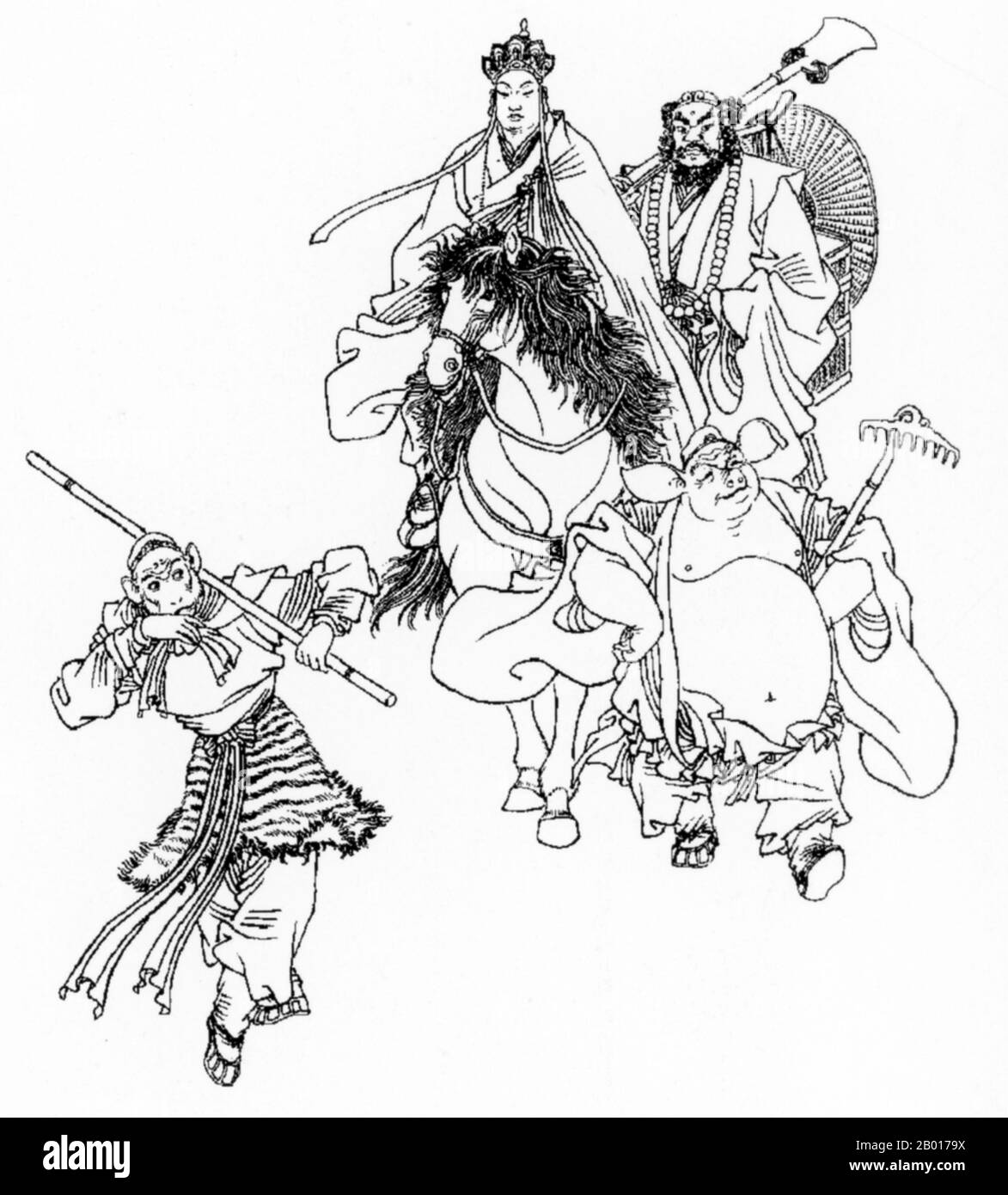 China: Eine Zeichnung des Mönchs Xuanzang mit seinen Gefährten aus dem Xiyouji oder „Reise in den Westen“. Die Reise in den Westen ist einer der vier großen klassischen Romane der chinesischen Literatur. Die ursprünglich in den Jahren 1590s während der Ming-Dynastie anonym veröffentlichte Autorschaft wird dem Gelehrten Wu Cheng'en seit dem 20th. Jahrhundert zugeschrieben. In englischsprachigen Ländern wird die Geschichte auch oft einfach als Monkey bezeichnet. Der Roman ist eine fiktionalisierte Darstellung der legendären Pilgerreise des buddhistischen Mönchs Xuanzang nach Indien. Während der Tang-Dynastie reiste der Mönch in die westlichen Regionen. Stockfoto