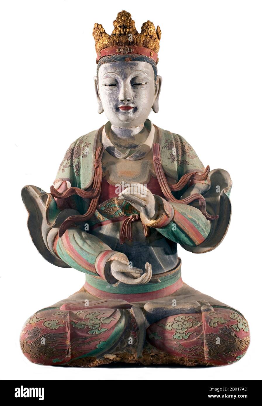 China: Gekrönter Bodhisattva in bemalter Terrakotta, späte Ming-Dynastie (1368-1644). Im Buddhismus ist ein Bodhisattva entweder eine erleuchtete (Bodhi) Existenz (Sattva) oder ein Erleuchtungs-Wesen oder, wenn man die Variante des Sanskrit-Schreibung satva anstelle von Sattva bedenkt, 'heroisch gesinnter (satva) für Erleuchtung (Bodhi)'. Es ist jede Person, die, durch großes Mitgefühl motiviert, Bodhicitta erzeugt hat, was ein spontaner Wunsch ist, Buddhaschaft zum Wohle aller Lebewesen zu erlangen. Stockfoto
