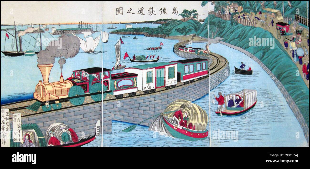 Japan: 'Die Takanawa-Eisenbahn durch Shinagawa Bay'. Ukiyo-e Holzschnitt-Triptychon von Tsukioka Yoshitoshi (30. April 1839 - 9. Juni 1892), 1871. Tsukioka Yoshitoshi, auch Taiso Yoshitoshi genannt, war ein japanischer Künstler. Er ist weithin als der letzte große Meister des japanischen Holzschnitts Ukiyo-e anerkannt. Er gilt zudem als einer der größten Innovatoren der Form. Seine Karriere umfasste zwei Epochen – die letzten Jahre des feudalen Japans und die ersten Jahre des modernen Japans nach der Meiji-Restauration. Stockfoto