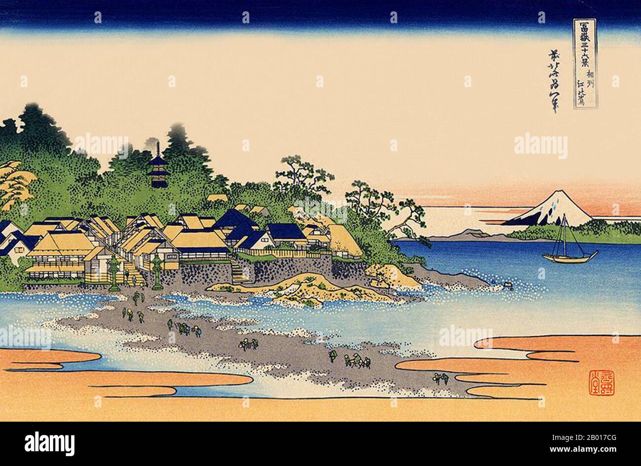 Japan: „Enoshima in der Bucht von Sagami“. Ukiyo-e Holzschnitt aus der Serie ‘Thirty-Six views of Mount Fuji’ von Katsushika Hokusai (31. Oktober 1760 - 10. Mai 1849), 1830. ‘Thirty-Six Views of Mount Fuji’ ist eine Serie von Holzschnitten der japanischen Künstlerin Katsushika Hokusai, die „Sukiyo-e“ ‘. Die Serie zeigt den Fuji in unterschiedlichen Jahreszeiten und Wetterbedingungen an verschiedenen Orten und Entfernungen. Es besteht tatsächlich aus 46 Drucken, die zwischen 1826 und 1833 entstanden sind. Die ersten 36 wurden in die Originalpublikation aufgenommen, und aufgrund ihrer Popularität wurden nach der Originalpublikation 10 weitere hinzugefügt. Stockfoto