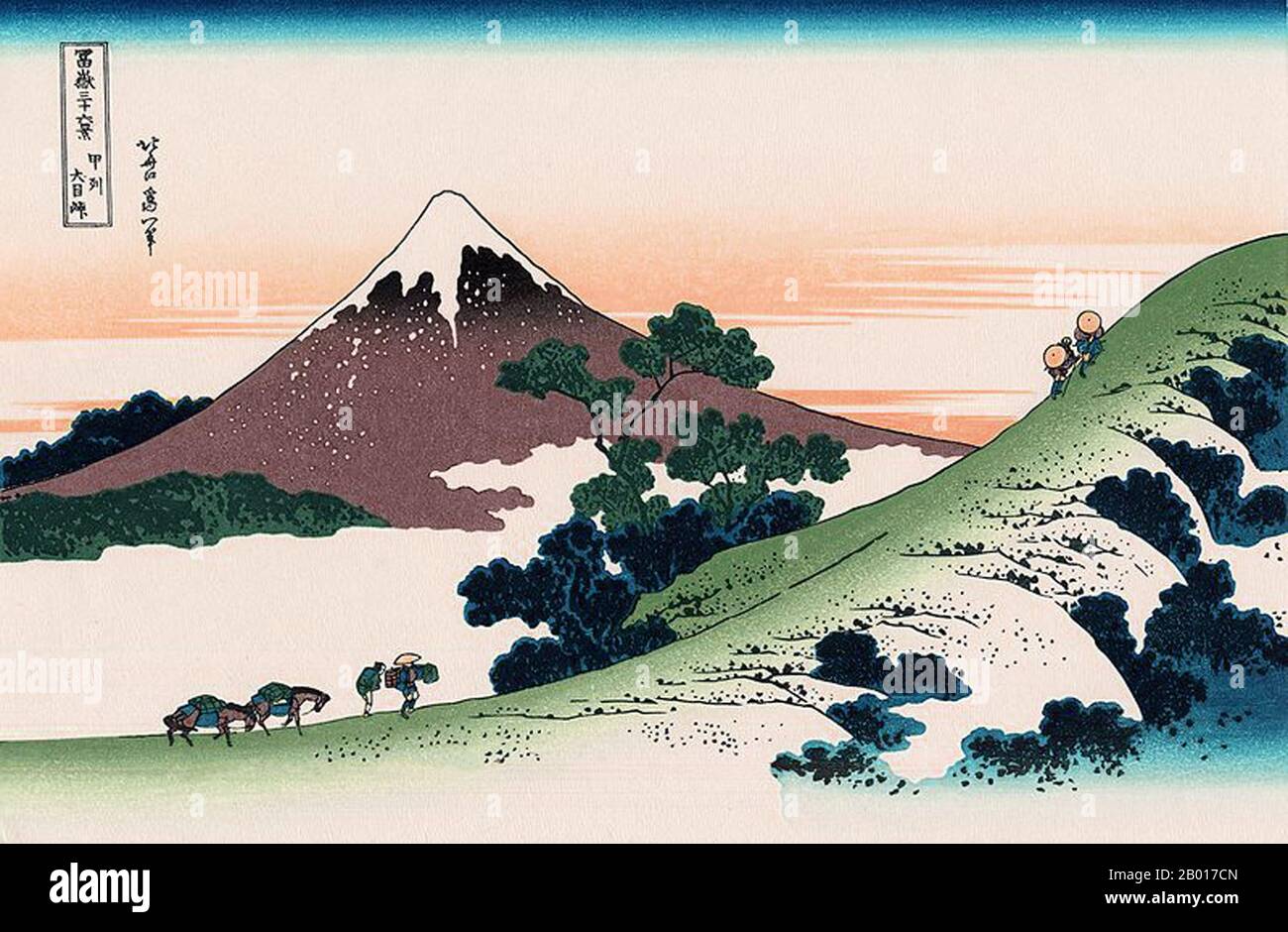 Japan: ‘Inume Pass, Koshu’. Ukiyo-e Holzschnitt aus der Serie ‘Thirty-Six views of Mount Fuji’ von Katsushika Hokusai (31. Oktober 1760 - 10. Mai 1849), 1830. ‘Thirty-Six Views of Mount Fuji’ ist eine Serie von Holzschnitten der japanischen Künstlerin Katsushika Hokusai, die „Sukiyo-e“ ‘. Die Serie zeigt den Fuji in unterschiedlichen Jahreszeiten und Wetterbedingungen an verschiedenen Orten und Entfernungen. Es besteht tatsächlich aus 46 Drucken, die zwischen 1826 und 1833 entstanden sind. Die ersten 36 wurden in die Originalpublikation aufgenommen, und aufgrund ihrer Popularität wurden nach der Originalpublikation 10 weitere hinzugefügt. Stockfoto