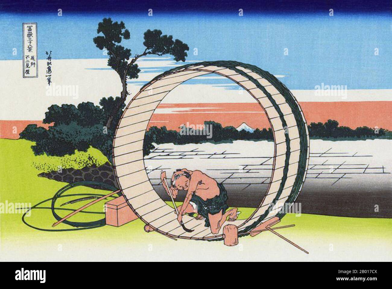 Japan: ‘Fujimigahara in der Provinz Owari’. Ukiyo-e Holzschnitt aus der Serie ‘Thirty-Six views of Mount Fuji’ von Katsushika Hokusai (31. Oktober 1760 - 10. Mai 1849), 1830. ‘Thirty-Six Views of Mount Fuji’ ist eine Serie von Holzschnitten der japanischen Künstlerin Katsushika Hokusai, die „Sukiyo-e“ ‘. Die Serie zeigt den Fuji in unterschiedlichen Jahreszeiten und Wetterbedingungen an verschiedenen Orten und Entfernungen. Es besteht tatsächlich aus 46 Drucken, die zwischen 1826 und 1833 entstanden sind. Die ersten 36 wurden in die ursprüngliche Publikation aufgenommen und aufgrund ihrer Popularität kamen 10 weitere hinzu. Stockfoto