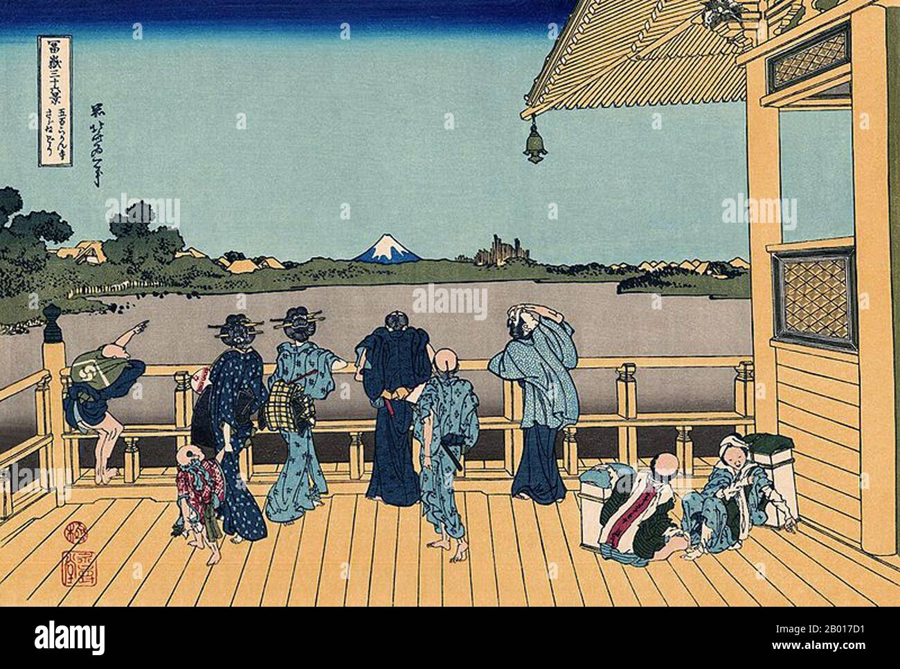 Japan: ‘Sazai Hall - Tempel der fünfhundert Rakan’. Ukiyo-e Holzschnitt aus der Serie ‘Thirty-Six views of Mount Fuji’ von Katsushika Hokusai (31. Oktober 1760 - 10. Mai 1849), 1830. ‘Thirty-Six Views of Mount Fuji’ ist eine Serie von Holzschnitten der japanischen Künstlerin Katsushika Hokusai, die „Sukiyo-e“ ‘. Die Serie zeigt den Fuji in unterschiedlichen Jahreszeiten und Wetterbedingungen an verschiedenen Orten und Entfernungen. Es besteht tatsächlich aus 46 Drucken, die zwischen 1826 und 1833 entstanden sind. Die ersten 36 wurden in die ursprüngliche Publikation aufgenommen und aufgrund ihrer Popularität kamen 10 weitere hinzu. Stockfoto