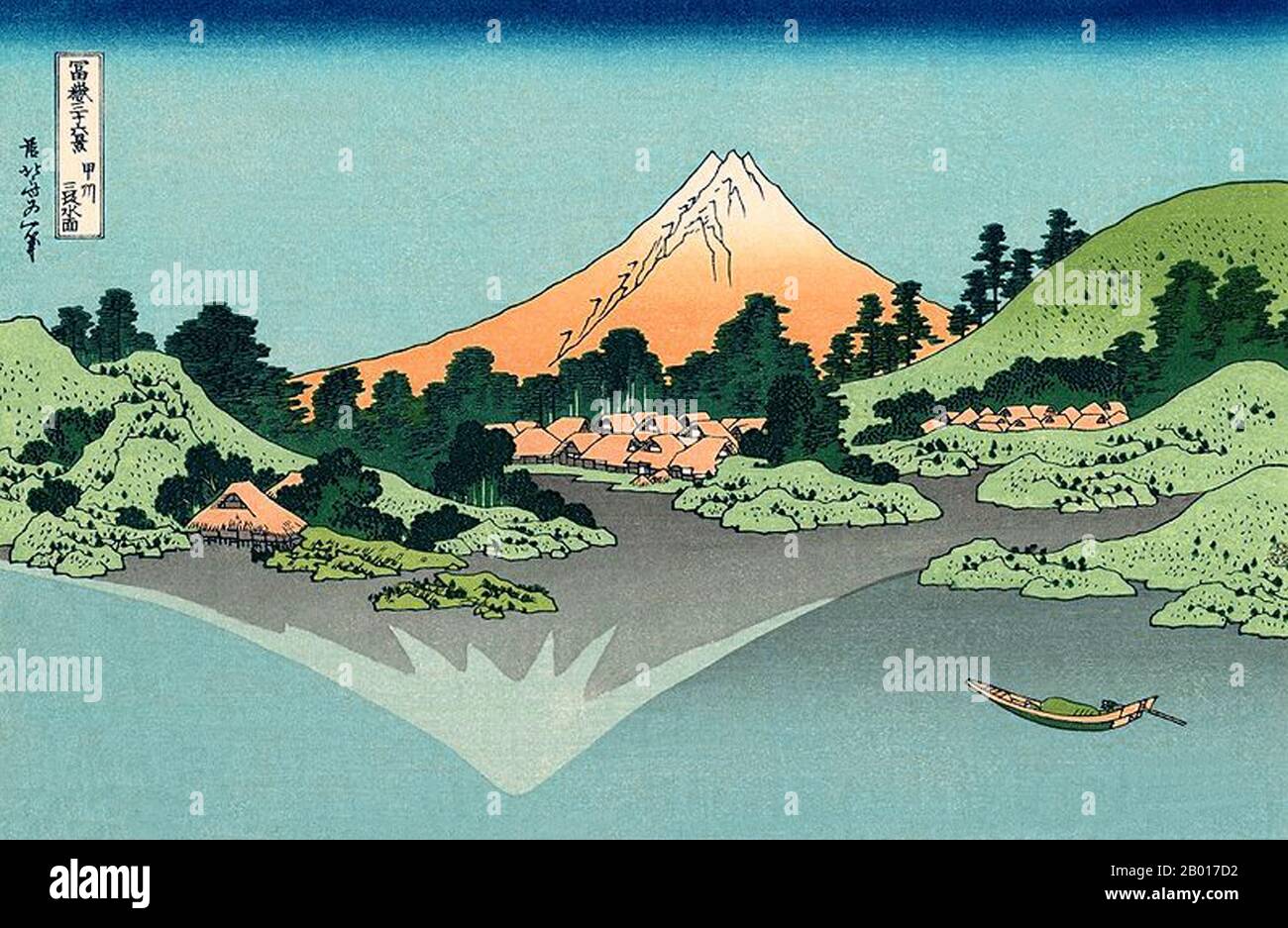 Japan: ‘Spiegelung des Fuji im Kawaguchi-See vom Misaka-Pass in der Kai-Provinz aus gesehen’. Ukiyo-e Holzschnitt aus der Serie ‘Thirty-Six views of Mount Fuji’ von Katsushika Hokusai (31. Oktober 1760 - 10. Mai 1849), 1830. ‘Thirty-Six Views of Mount Fuji’ ist eine Serie von Holzschnitten der japanischen Künstlerin Katsushika Hokusai, die „Sukiyo-e“ ‘. Die Serie zeigt den Fuji in unterschiedlichen Jahreszeiten und Wetterbedingungen an verschiedenen Orten und Entfernungen. Es besteht tatsächlich aus 46 Drucken, die zwischen 1826 und 1833 entstanden sind. Die ersten 36 wurden in die ursprüngliche Publikation aufgenommen und 10 wurden hinzugefügt. Stockfoto