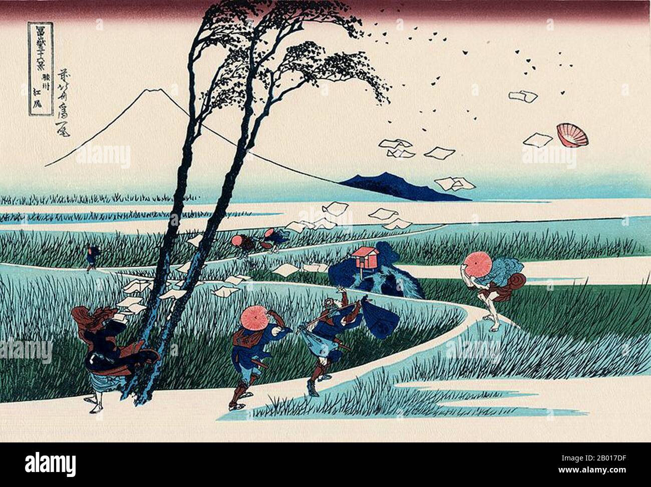 Japan: „‘Ejiri in der Provinz Suruga“. Ukiyo-e Holzschnitt aus der Serie ‘Thirty-Six views of Mount Fuji’ von Katsushika Hokusai (31. Oktober 1760 - 10. Mai 1849), 1830. ‘Thirty-Six Views of Mount Fuji’ ist eine Serie von Holzschnitten der japanischen Künstlerin Katsushika Hokusai, die „Sukiyo-e“ ‘. Die Serie zeigt den Fuji in unterschiedlichen Jahreszeiten und Wetterbedingungen an verschiedenen Orten und Entfernungen. Es besteht tatsächlich aus 46 Drucken, die zwischen 1826 und 1833 entstanden sind. Die ersten 36 wurden in die Originalpublikation aufgenommen, und aufgrund ihrer Popularität wurden nach der Originalpublikation 10 weitere hinzugefügt. Stockfoto