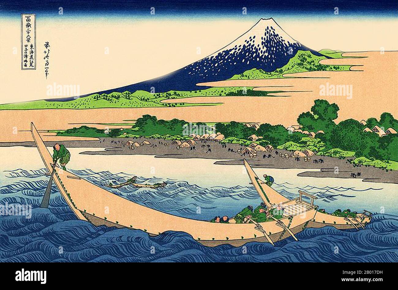 Japan: 'Tago Bay bei Ejiri am Tokaido'. Ukiyo-e Holzschnitt aus der Serie ‘Thirty-Six views of Mount Fuji’ von Katsushika Hokusai (31. Oktober 1760 - 10. Mai 1849), 1830. ‘Thirty-Six Views of Mount Fuji’ ist eine Serie von Holzschnitten der japanischen Künstlerin Katsushika Hokusai, die „Sukiyo-e“ ‘. Die Serie zeigt den Fuji in unterschiedlichen Jahreszeiten und Wetterbedingungen an verschiedenen Orten und Entfernungen. Es besteht tatsächlich aus 46 Drucken, die zwischen 1826 und 1833 entstanden sind. Die ersten 36 wurden in die ursprüngliche Publikation aufgenommen und aufgrund ihrer Popularität kamen 10 weitere hinzu. Stockfoto