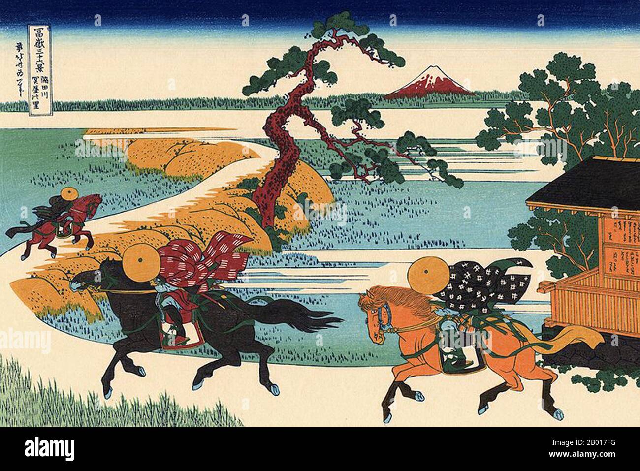 Japan: ‘Sekiya Village on the Sumida River’. Ukiyo-e Holzschnitt aus der Serie ‘Thirty-Six views of Mount Fuji’ von Katsushika Hokusai (31. Oktober 1760 - 10. Mai 1849), 1830. ‘Thirty-Six Views of Mount Fuji’ ist eine Serie von Holzschnitten der japanischen Künstlerin Katsushika Hokusai, die „Sukiyo-e“ ‘. Die Serie zeigt den Fuji in unterschiedlichen Jahreszeiten und Wetterbedingungen an verschiedenen Orten und Entfernungen. Es besteht tatsächlich aus 46 Drucken, die zwischen 1826 und 1833 entstanden sind. Die ersten 36 wurden in die ursprüngliche Publikation aufgenommen und aufgrund ihrer Popularität kamen 10 weitere hinzu. Stockfoto