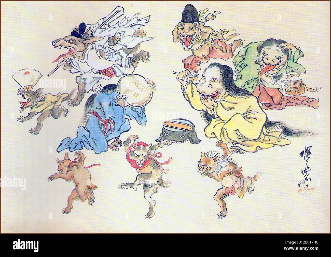 Japan: „Hyakki Yako (Nachtparade der hundert Dämonen)“. Detail der Handrollmalerei von Kawanabe Kyosai (18. Mai 1831 - 26. April 1889), 19th. Jahrhundert. Hyakki Yagyo/Hyakki Yako („Nachtparade der hundert Dämonen“) ist ein japanischer Volksglaube. Der Glaube besagt, dass Yokai, japanische übernatürliche Wesen, jedes Jahr während der Sommernächte auf die Straße gehen werden. Die Prozession ist manchmal ordentlich, während es zu anderen Zeiten ein Aufruhr ist. Jeder, der auf die Prozession trifft, wird sterben, es sei denn, er wird von einem buddhistischen Sutra beschützt. Es ist ein beliebtes Thema in der japanischen bildenden Kunst Stockfoto