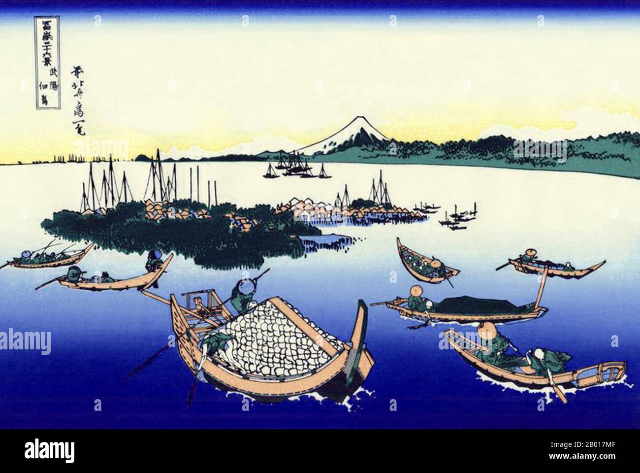 Japan: ‘Tsukada Island in der Provinz Musashi’. Ukiyo-e Holzschnitt aus der Serie ‘36 Ansichten des Fuji’ von Katsushika Hokusai (31. Oktober 1760 - 10. Mai 1849), c. 1830. ‘36 Views of Mount Fuji’ ist eine ‘„Sukiyo-e“-Serie großer Holzschnitte der Künstlerin Katsushika Hokusai. Die Serie zeigt den Fuji in unterschiedlichen Jahreszeiten und Wetterbedingungen an verschiedenen Orten und Entfernungen. Es besteht tatsächlich aus 46 Drucken, die zwischen 1826 und 1833 entstanden sind. Die ersten 36 wurden in die Originalpublikation aufgenommen, und aufgrund ihrer Popularität kamen danach 10 weitere hinzu. Stockfoto