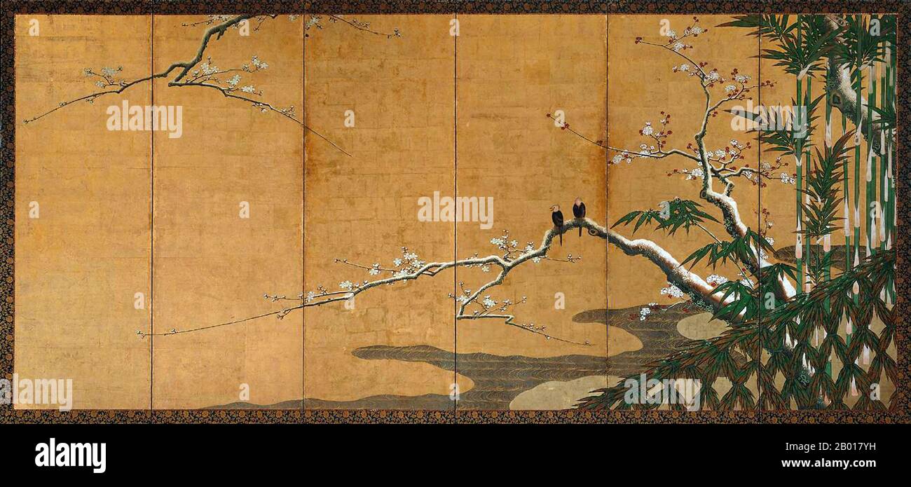 Japan: ‘Winter’. Aquarell Byobu Faltschachtelbild von einem unbekannten japanischen Künstler, c. 1630-1660. Ein halbes Paar – der andere Bildschirm heißt ‘Frühling’ – zeigt in dieser Winterszene frostbedeckte Pflaumenblüten und immergrünen Bambus. Der unbekannte Künstler, der eindeutig aus der Schule von Unkoku Togan (1547-1618) stammt, hat Aquarell und vergoldetes Papier verwendet, das über einen Holzrahmen gezogen wurde, um den Bildschirm zu erstellen. Die Bildschirme, die im 7th. Und 8th. Jahrhundert u.Z. von den Chinesen übernommen wurden, werden in Japan verwendet, um den Raum innerhalb eines Hauses zu trennen und sind ein integraler Bestandteil des japanischen Dekors. Stockfoto