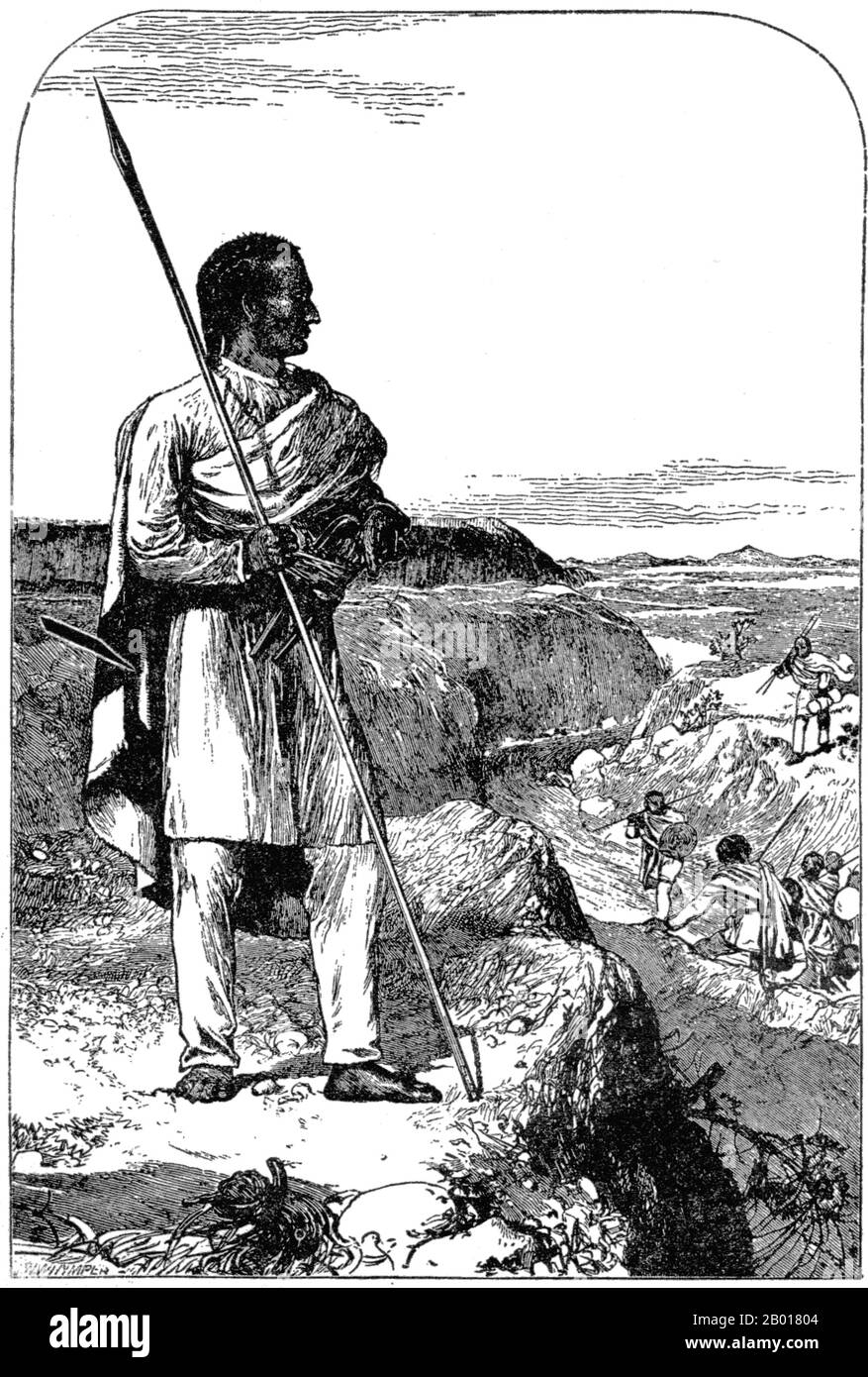 Äthiopien: Kaiser Tewodros II. (c. 1818. - 13. April 1868) Überwachung der Überquerung des Blauen Nils. Illustration aus H. Rassams 'Erzählung der britischen Mission an Theodore', 1869. Die britische Expedition nach Abessinien 1868 war eine Strafexpedition, die von Streitkräften des britischen Empire gegen das äthiopische Reich durchgeführt wurde. Kaiser Tewodros II. Von Äthiopien, auch bekannt als „Theodore“, inhaftierte mehrere Missionare und zwei Vertreter der britischen Regierung. Die Strafexpedition startete von Bombay aus in über 280 Schiffen mit über 13.000 britischen und indischen Soldaten. Stockfoto