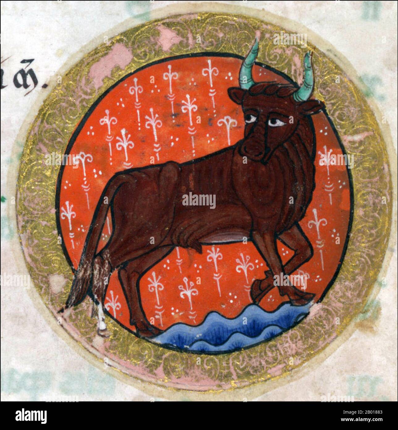 England: Zodiakalsymbol für Stier, wie es im Hunterschen Psalter, c. 1170. Der Huntersche Psalter (oder York Psalter) ist eine illuminierte Handschrift des 12th. Jahrhunderts. Es wurde um 1170 in England produziert und gilt als eindrucksvolles Beispiel romanischer Buchkunst. Das Werk ist Teil der Sammlung der Glasgow University Library, die das Buch 1807 erwarb. Seinen umgangssprachlichen Namen, den Hunterian Psalter, leitet er aus der Sammlung des schottischen Anatomen und Buchsammlers William Hunter aus dem 18th. Jahrhundert ab. Stockfoto