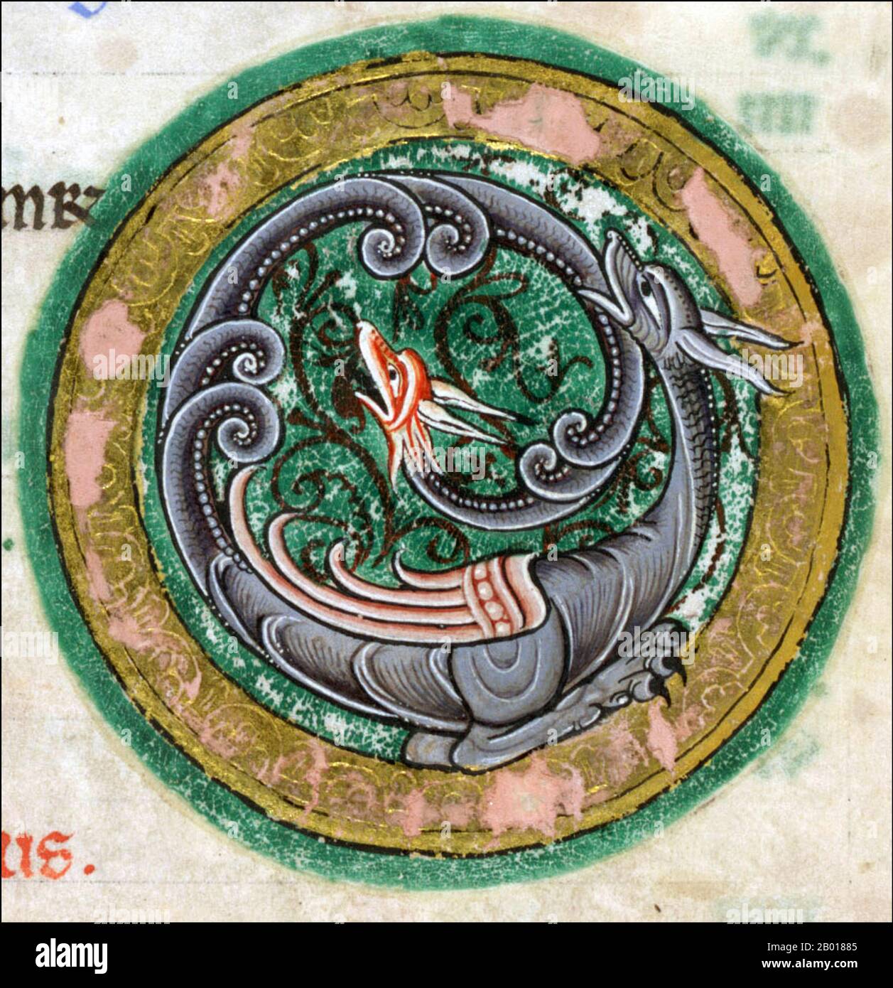 England: Zodiakalsymbol für Skorpion, dargestellt im Hunterschen Psalter, c. 1170. Der Huntersche Psalter (oder York Psalter) ist eine illuminierte Handschrift des 12th. Jahrhunderts. Es wurde um 1170 in England produziert und gilt als eindrucksvolles Beispiel romanischer Buchkunst. Das Werk ist Teil der Sammlung der Glasgow University Library, die das Buch 1807 erwarb. Seinen umgangssprachlichen Namen, den Hunterian Psalter, leitet er aus der Sammlung des schottischen Anatomen und Buchsammlers William Hunter aus dem 18th. Jahrhundert ab. Stockfoto