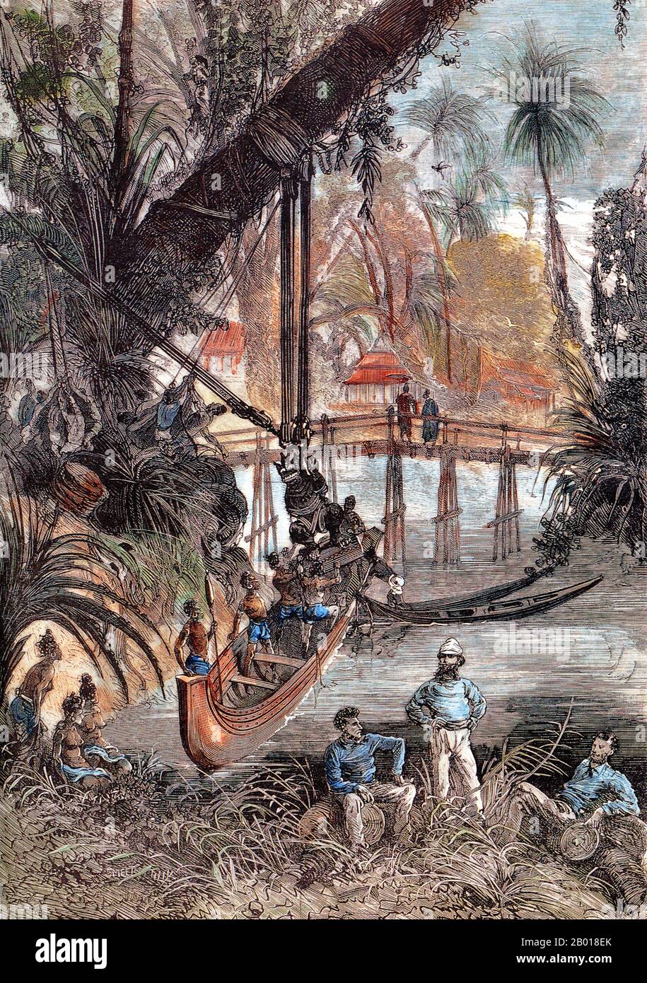 Kambodscha: 'Transport von Khmer-Skulpturen in der Nähe von Angkor'. Stich von Louis Delaporte (11. Januar 1842 - 3. Mai 1925) aus 'Voyage d'Exploration en Indo-Chine, 1866-1868', Garnier Mission, c.. 1873. Angkor Wat ist ein Tempelkomplex im Nordwesten Kambodschas, der als nationales Symbol und heiliger Ort dient. Es wurde im frühen 12th. Jahrhundert für König Suryavarman II. (R. 1113-1150), in der kaiserlichen Hauptstadt des Khmer-Imperium, Yasodharapura. Es war ursprünglich eine Hindu-Stätte, die Vishnu gewidmet war, wurde aber später in einen buddhistischen Tempel umgewandelt. Es ist jetzt ein anerkanntes UNESCO-Weltkulturerbe. Stockfoto