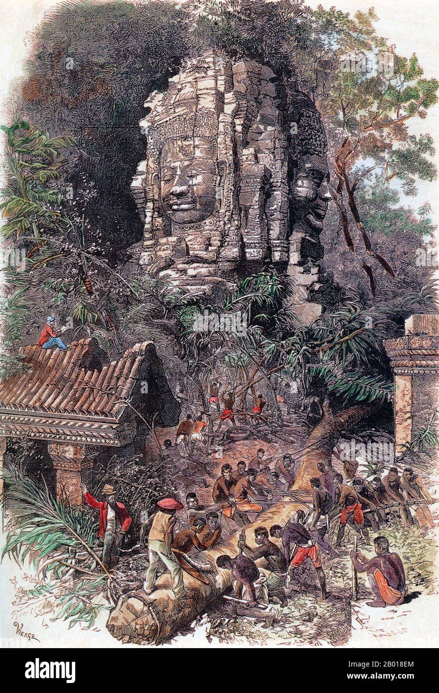 Kambodscha: 'Die Ruinen von Angkor aufdecken'. Stich von Louis Delaporte (11. Januar 1842 - 3. Mai 1925) aus 'Voyage d'Exploration en Indo-Chine, 1866-1868', Garnier Mission, c.. 1873. Angkor Wat ist ein Tempelkomplex im Nordwesten Kambodschas, der als nationales Symbol und heiliger Ort dient. Es wurde im frühen 12th. Jahrhundert für König Suryavarman II. (R. 1113-1150), in der kaiserlichen Hauptstadt des Khmer-Imperium, Yasodharapura. Es war ursprünglich eine Hindu-Stätte, die Vishnu gewidmet war, wurde aber später in einen buddhistischen Tempel umgewandelt. Es ist jetzt ein anerkanntes UNESCO-Weltkulturerbe. Stockfoto