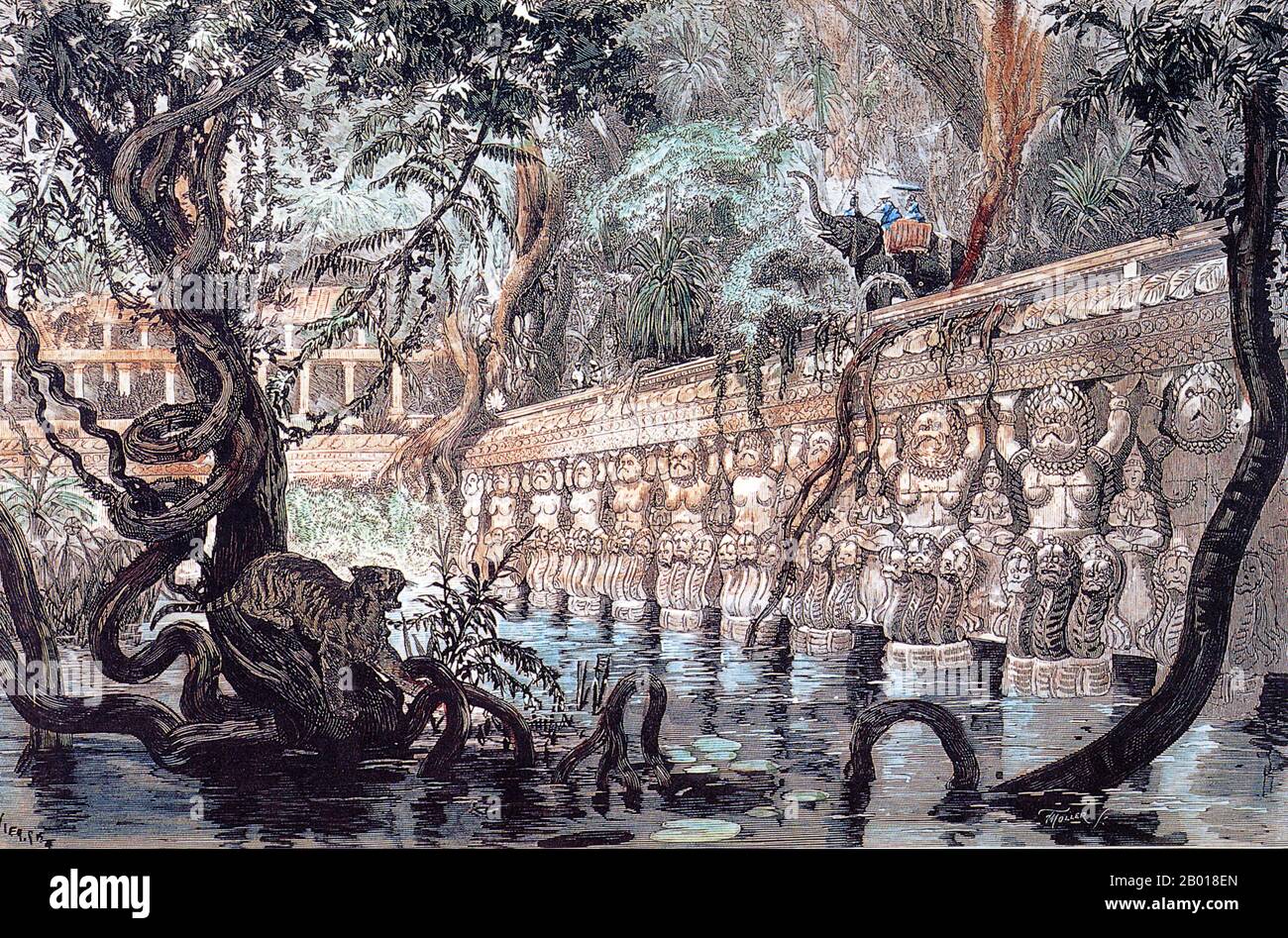 Kambodscha: 'Die Ruinen um Angkor'. Stich von Louis Delaporte (11. Januar 1842 - 3. Mai 1925) aus 'Le Monde Illustre', 19th. Jahrhundert. Angkor Wat ist ein Tempelkomplex im Nordwesten Kambodschas, der als nationales Symbol und heilige Stätte dient. Es wurde im frühen 12th. Jahrhundert für König Suryavarman II. (R. 1113-1150), in der kaiserlichen Hauptstadt des Khmer-Imperium, Yasodharapura. Es war ursprünglich eine Hindu-Stätte, die Vishnu gewidmet war, wurde aber später in einen buddhistischen Tempel umgewandelt. Es ist jetzt ein anerkanntes UNESCO-Weltkulturerbe. Stockfoto