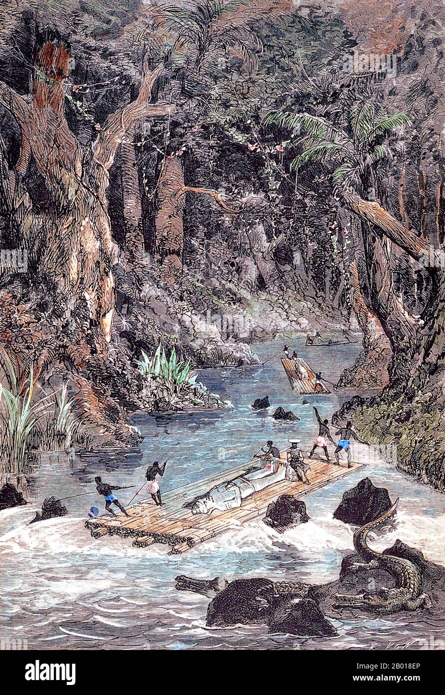 Kambodscha: 'Transport von Khmer-Skulpturen in der Nähe von Angkor'. Stich von Louis Delaporte (11. Januar 1842 - 3. Mai 1925) aus 'Voyage d'Exploration en Indo-Chine, 1866-1868', Garnier Mission, c.. 1873. Angkor Wat ist ein Tempelkomplex im Nordwesten Kambodschas, der als nationales Symbol und heiliger Ort dient. Es wurde im frühen 12th. Jahrhundert für König Suryavarman II. (R. 1113-1150), in der kaiserlichen Hauptstadt des Khmer-Imperium, Yasodharapura. Es war ursprünglich eine Hindu-Stätte, die Vishnu gewidmet war, wurde aber später in einen buddhistischen Tempel umgewandelt. Es ist jetzt ein anerkanntes UNESCO-Weltkulturerbe. Stockfoto