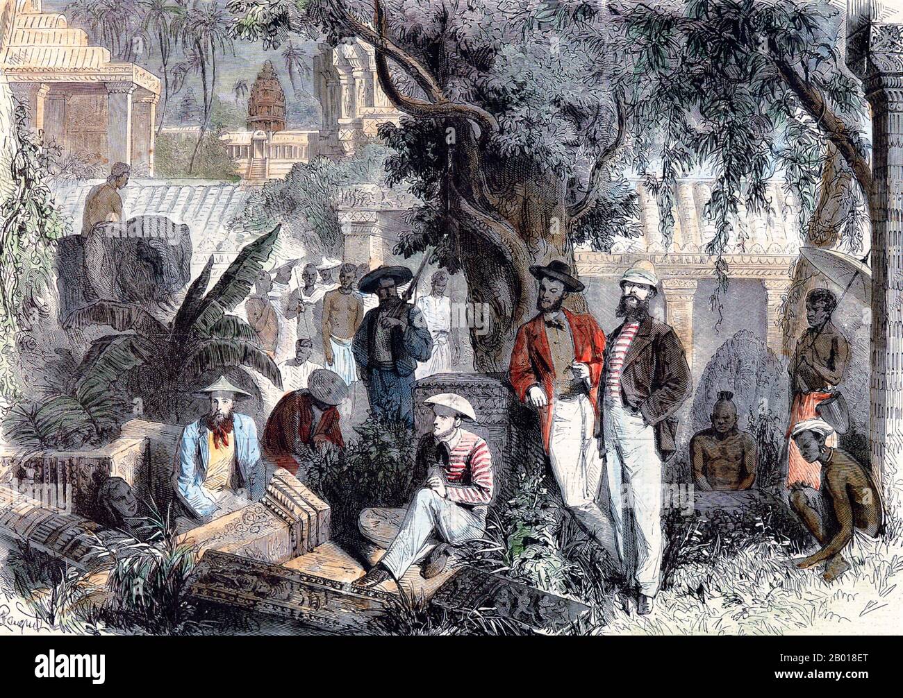 Kambodscha: 'Die französische Mission in Angkor'. Stich von Louis Delaporte (11. Januar 1842 - 3. Mai 1925) aus 'Voyage d'Exploration en Indo-Chine, 1866-1868', Garnier Mission, c.. 1873. Angkor Wat ist ein Tempelkomplex im Nordwesten Kambodschas, der als nationales Symbol und heiliger Ort dient. Es wurde im frühen 12th. Jahrhundert für König Suryavarman II. (R. 1113-1150), in der kaiserlichen Hauptstadt des Khmer-Imperium, Yasodharapura. Es war ursprünglich eine Hindu-Stätte, die Vishnu gewidmet war, wurde aber später in einen buddhistischen Tempel umgewandelt. Es ist jetzt ein anerkanntes UNESCO-Weltkulturerbe. Stockfoto