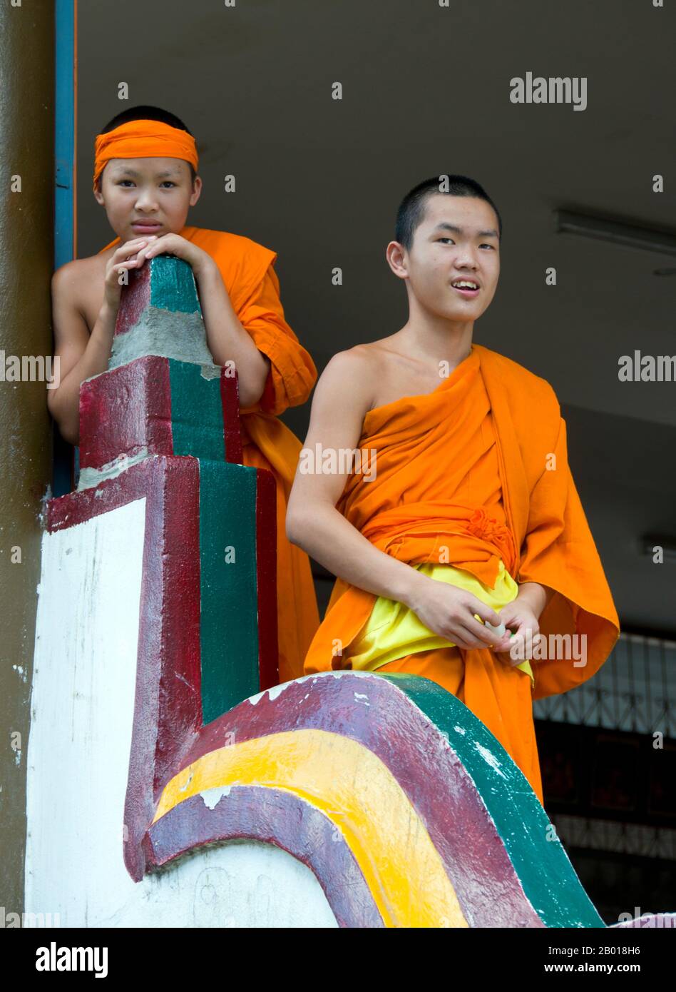 Thailand: Junge buddhistische Novizenmönche im Shan (Tai Yai) Tempel von Wat Pa Pao, Chiang Mai. Wat Pa Pao ist ein Shan (Tai Yai) buddhistischer Tempel, der als Zentrum für die Shan-Gemeinschaft in Chiang Mai dient. Es wurde Ende des 19th. Jahrhunderts erbaut. Einmal im Jahr beherbergt Wat Pa Pao die luk kaeo, die "Kristallsöhne" – junge Shan-Jungen, die im Begriff sind, in die buddhistische Mönchsschaft ordiniert zu werden. Viele dieser Neulinge reisen von den umliegenden Shan-Gemeinden in Mae Cham, Mae Rim, Chiang Dao und Fang nach Chiang Mai. Diese jährliche Shan-Zeremonie wird Poy Sang Long genannt. Stockfoto