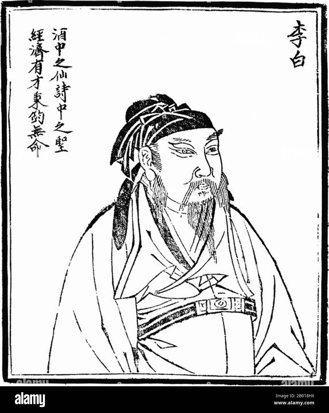 Li Bai (701-762), im Westen weithin bekannt als Li Po, chinesischer Dichter der Tang-Dynastie (618-907). Holzschnitt aus 'Bilder alter Menschen in der Geschichte', c. 1498. Li Bai, auch bekannt als Li Bo und Höflichkeitsname Taibai und Kunstname Qinglian Jushi, gilt im Allgemeinen als einer der größten Dichter in Chinas Tang-Zeit, die oft als Chinas "goldenes Zeitalter" der Poesie bezeichnet wird. Ihm werden etwa tausend existierende Gedichte zugeschrieben, aber die Echtheit vieler dieser Gedichte ist ungewiss. 34 seiner Gedichte sind in der populären Anthologie „Three Hundred Tang Poems“ enthalten. Stockfoto