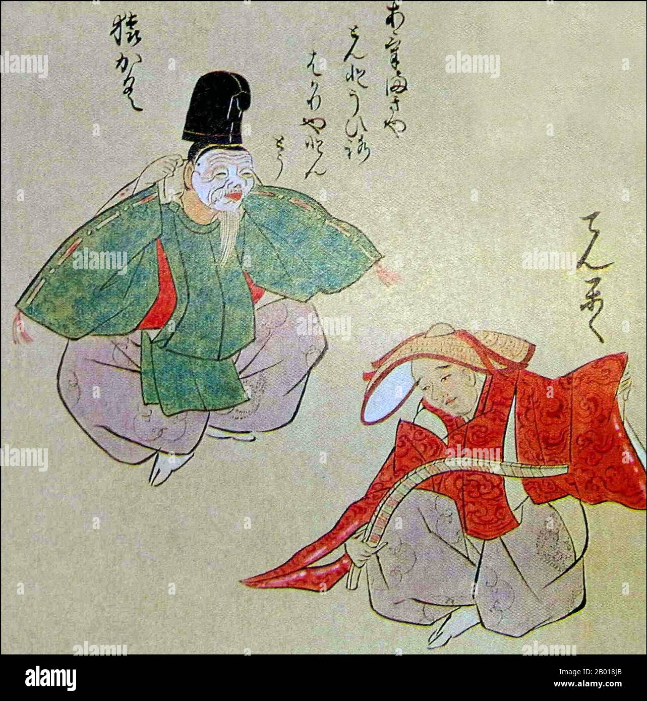 Japan: Sarugaku (links) und Dengaku (rechts) Darsteller. Aquarellmalerei, c. 18th Jahrhundert. Sarugaku, wörtlich „monkey music“, war eine Form des Theaters, das in Japan während des 11th. Bis 14th. Jahrhunderts populär war. Sie entstand aus „Sangaku“, einer Form der Unterhaltung, die an den modernen Zirkus erinnert, und bestand hauptsächlich aus Akrobatik, Jonglieren und Pantomime, manchmal kombiniert mit Trommeltanz. Sie kam im 8th. Jahrhundert von China nach Japan und mischte sich dort mit indigenen Traditionen, insbesondere den Erntefeiern von Dengaku. Stockfoto