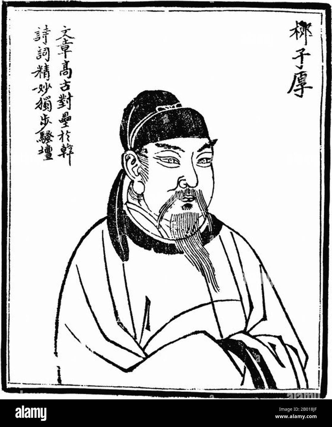 China: Liu Zongyuan (773. - 28. November 819), Klassizist und Schriftsteller der Tang-Dynastie. Holzschnitt aus 'Bilder alter Menschen in der Geschichte', c. 1498. Liu Zongyuan, Höflichkeitsname Zihou, war ein chinesischer Schriftsteller, Dichter und Philosoph, der während der Tang Dynastie in Liuzhou, Guangxi, lebte. Liu wurde im heutigen Yongji, Shanxi geboren. Zusammen mit Han Yu war er ein Gründer der klassischen Prosabewegung und wurde traditionell als einer der "Acht großen Prosameister der Tang und Song" eingestuft. Stockfoto