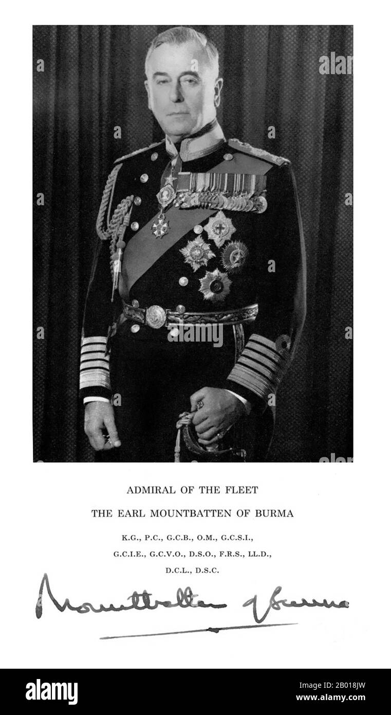 Vereinigtes Königreich: Admiral der Flotte Louis Mountbatten, 1. Earl Mountbatten of Burma (25. Juni 1900 – 27. August 1979), c. 1945. Admiral der Flotte Louis Francis Albert Victor Nichola George Mountbatten, 1. Earl Mountbatten of Burma, KG, GCB, OM, GCSI, GCIE, GCVO, DSO, PC, FRS (né Prince Louis of Battenberg; 25. Juni 1900 – 27. August 1979), war ein britischer Staatsmann und Marineoffizier und ein Onkel von Prinz Philip, Herzog von Edinburgh (Ehemann von Elizabeth II). Er war der letzte Vizekönig Indiens (1947) und der erste Generalgouverneur der unabhängigen Union Indiens (1947-1948). Stockfoto