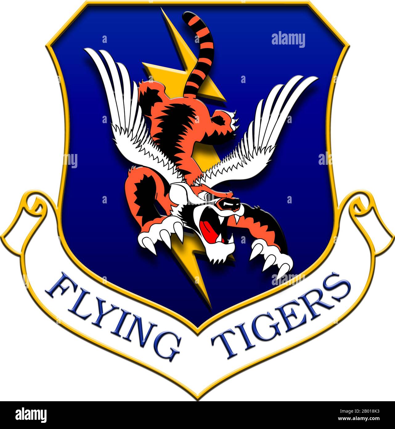 China/Burma/India Theatre: Abzeichen des fliegenden Tigers, getragen von Piloten und Flugzeugern der 23. Fighter Group (USAF). Flying Tigers war der beliebte Name der 1. American Volunteer Group (AVG) der chinesischen Luftwaffe in den Jahren 1941-1942. Die Piloten waren Mitarbeiter der US-Armee (USAAF), der Marine (USN) und des Marine Corps (USMC), die unter der Aufsicht des Präsidenten rekrutiert und von Claire Lee Chennault kommandiert wurden; die Bodenbesatzung und das Personal des Hauptquartiers wurden ebenfalls größtenteils vom US-Militär rekrutiert, zusammen mit einigen Zivilisten. Die Gruppe bestand aus drei Jagdgeschwadern mit jeweils etwa 20 Flugzeugen. Stockfoto