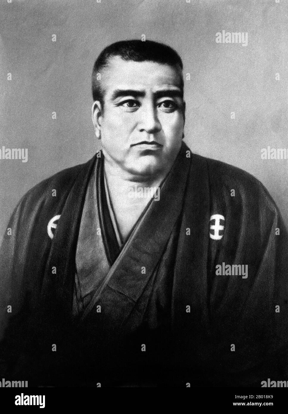 Japan: Saigō Takamori (23. Januar 1828 - 24. September 1877), Samurai und Adliger aus der späten Edo-Zeit und der frühen Meiji-Ära. Er wurde als der letzte wahre Samurai bezeichnet. Porträt von C. Nakagawa, c. 1870s. Saigō Takamori, geboren in Saigo Kokichi und literarischer Name Saigo Nanshu, war einer der einflussreichsten Samurai der japanischen Geschichte. Er lebte während der späten Edo-Zeit und frühen Meiji-Ära und wurde ein Führer der Meiji-Restauration. Später führte er die gescheiterte Satsuma-Rebellion gegen die Meiji-Regierung an und beging während der Schlacht von Shiroyama Seppuku. Er wurde ein nationales Symbol und Held. Stockfoto