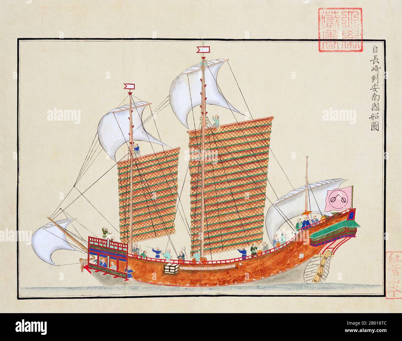 Japan: Ein Red Seal-Schiff der Araki-Handelsfamilie aus dem 17.. Jahrhundert, das von Nagasaki nach Annam (Vietnam) ausging. Gemälde aus der 'Gaiban Shokan', zusammengestellt von Kondo Seisai (1771-1829), c.. 1790. Der 'Gaiban Shokan' wurde als Nachschlagewerk für 'Gaiban Tsusho' vorbereitet, die Zusammenstellung diplomatischer Dokumente des Tokugawa-Shogunats, die von Kondo Seisai, dem Richter von Nagasaki und dem Richter von Büchern und Aufzeichnungen, erstellt wurde. Es enthält Kopien diplomatischer Papiere, darunter 33 Zertifikate, die mit dem Millionensiegel des Shogun für offiziell genehmigte Auslandsreisen beeindruckt sind. Stockfoto