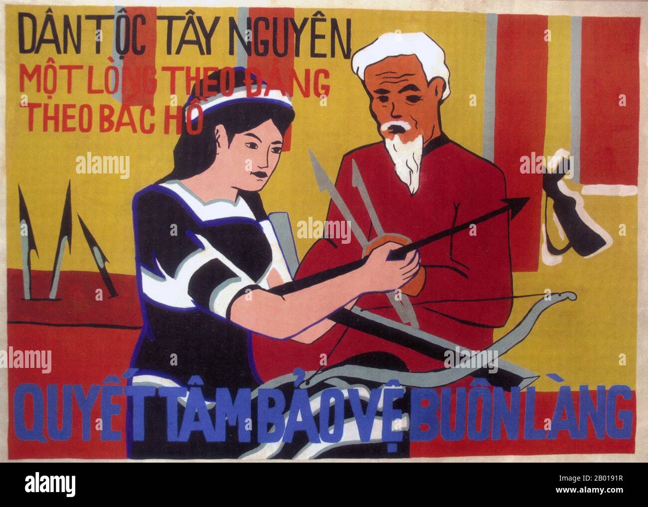 Vietnam: Revolutionäres Propagandaplakat, das vietnamesische Patrioten zeigt, die sich auf die Verteidigung der Heimat vorbereiten, erster Indochina-Krieg, c. 1952 Sozialistischer Realismus ist ein Stil realistischer Kunst, der sich unter dem Sozialismus in der Sowjetunion entwickelte und in anderen kommunistischen Ländern zu einem dominanten Stil wurde. Der sozialistische Realismus ist ein teleologisch orientierter Stil, der die Förderung der Ziele des Sozialismus und Kommunismus zum Ziel hat. Obwohl verwandt, sollte sie nicht mit dem sozialen Realismus verwechselt werden, einer Art Kunst, die Themen sozialer Belang realistisch darstellt. Stockfoto