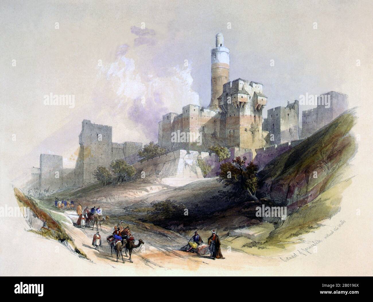 Palästina: 'Die Zitadelle von Jerusalem, ohne Mauern, Turm von David'. Farblithographie von David Roberts (24. Oktober 1796 - 25. November 1864), c. 1839. David Roberts RA war ein schottischer Maler. Er ist vor allem für eine fruchtbare Serie von detaillierten Drucken von Ägypten und dem Nahen Osten bekannt, die er 1840s aus Skizzen, die er während langer Touren durch die Region (1838–1840) angefertigt hatte, produzierte. Dieses Werk und seine großen Ölgemälde ähnlicher Motive machten ihn zu einem prominenten orientalistischen Maler. Zum Zeitpunkt des Besuchs von Roberts in Palästina befand sich das Land kurzzeitig unter ägyptischer Herrschaft (1831-1841). Stockfoto