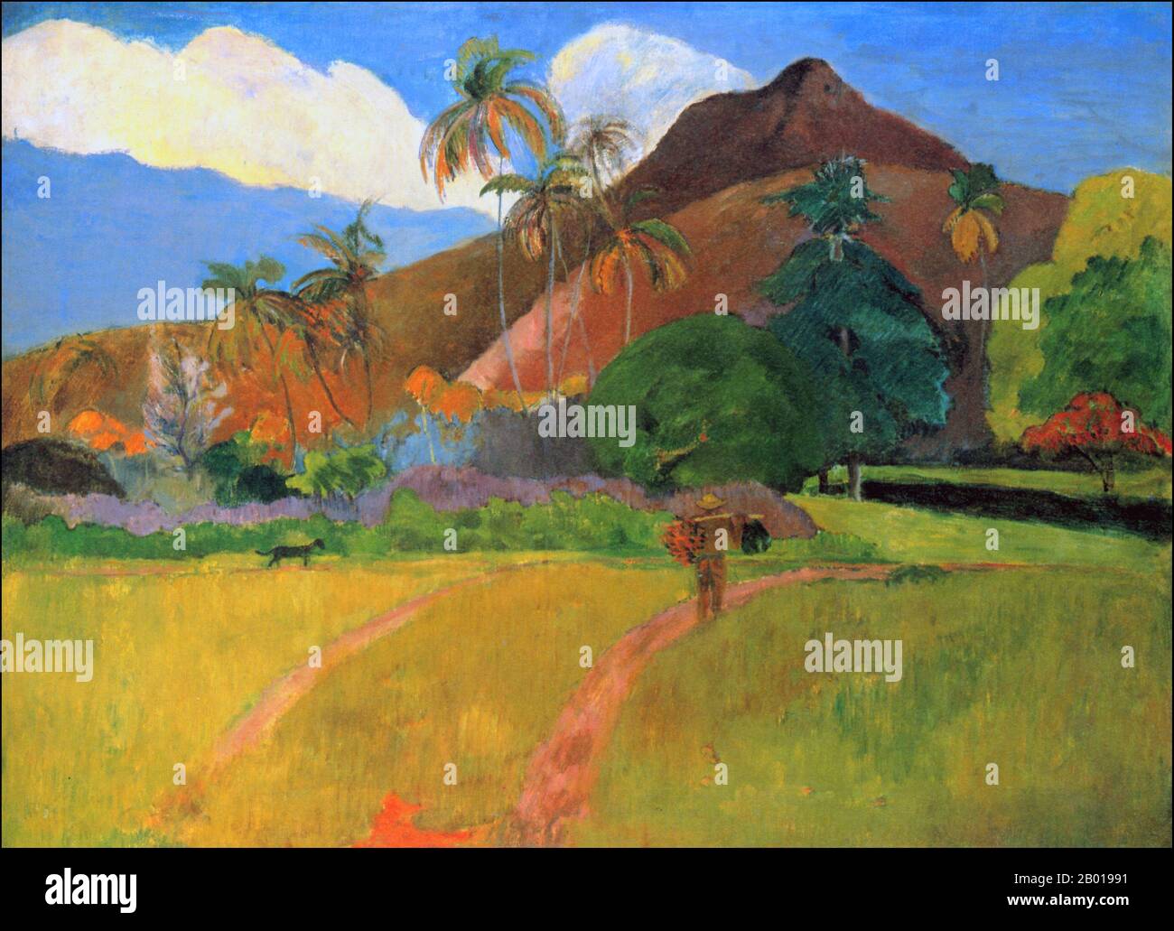 Tahiti: 'Montagnes Tahitiennes' (Tahitische Landschaft). Öl auf Leinwand von Paul Gauguin (7. Juni 1848 - 8. Mai 1903), 1891. Paul Gauguin wurde 1848 in Paris geboren und verbrachte einen Teil seiner Kindheit in Peru. Er arbeitete als Börsenmakler mit wenig Erfolg und litt an schweren Depressionen. Er malte auch. 1891 segelte Gauguin, frustriert durch mangelnde Anerkennung zu Hause und finanziell mittellos, in die Tropen, um der europäischen Zivilisation und "allem, was künstlich und konventionell ist" zu entkommen. Seine Zeit dort war das Thema von viel Interesse sowohl damals als auch in der Neuzeit. Stockfoto