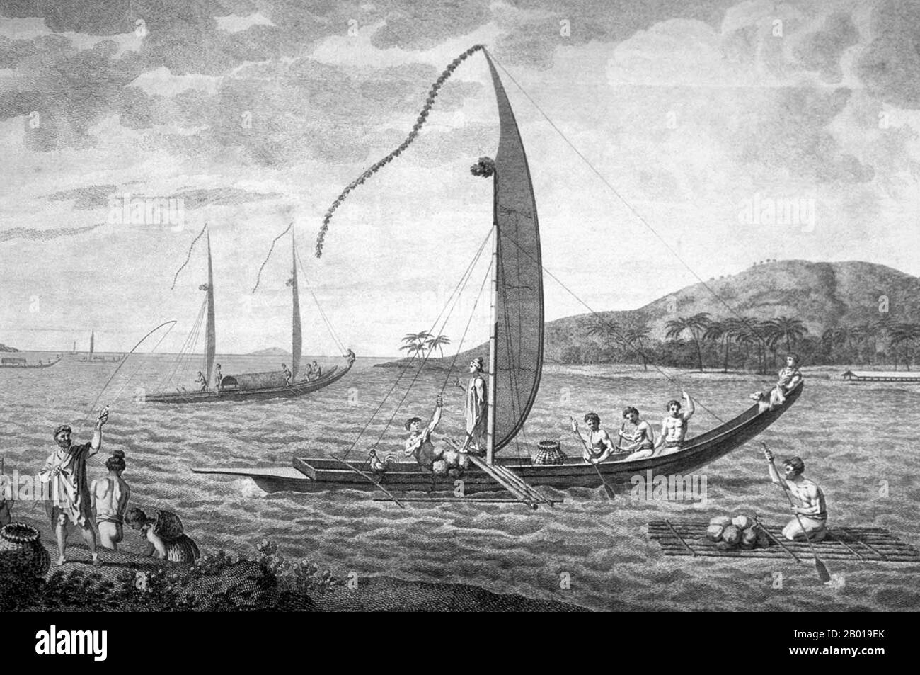 Tahiti: 'Matavai Bay (Tahiti) und Tahitian Boats'. Stich aus den Endeavour Journals von James Cook, 1773. Das Kanu oder die Boote, die von den Bewohnern dieser und der benachbarten Inseln benutzt werden, können in zwei allgemeine Klassen unterteilt werden; eine davon nennen sie Ivahahs, die anderen Pahies. Die Ivahah wird für kurze Ausflüge zum Meer verwendet und ist wandseitig und mit flachem Boden; die Pahie für längere Reisen und ist bogenseitig und mit scharfem Boden.' Stockfoto