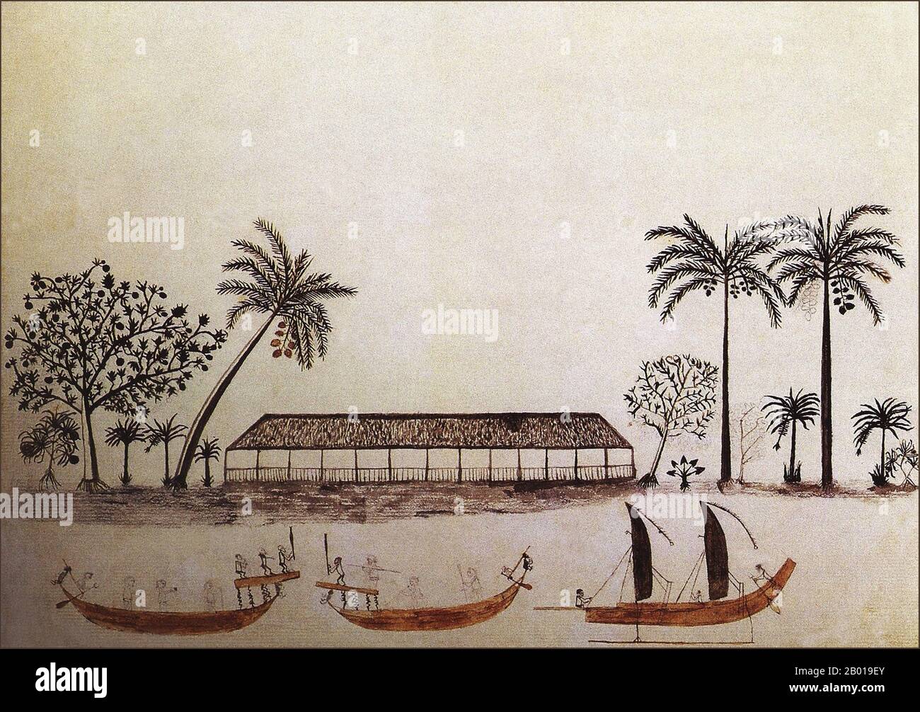 Tahiti: „Kanus bei Tahiti“. Zeichnung von Tupaia (c. 1725. - 20. Dezember 1770), c. 1769. Tupaia, ein gebürtiger Raieatea, floh nach Tahiti, um den angreifenden Truppen von der Insel Bora Bora zu entkommen. Er war ein Mann mit klarer Intelligenz und fungierte als Vermittler, Übersetzer und Erklärer der polynesischen Gesellschaft für den Besuch europäischer Schiffe. Nach der Ankunft von Cook im Jahr 1769 ging Tupaia an Bord von Cooks Reise nach Neuseeland, Australien und Java, wo Tupaia schließlich starb, nachdem er krank geworden war. Stockfoto